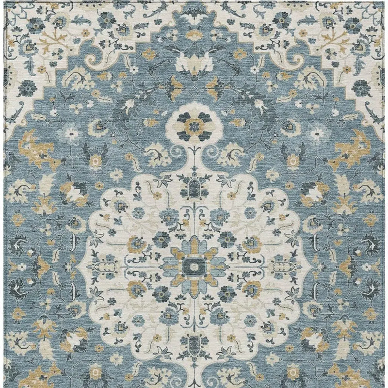 3' X 5' Ivory And Denim Blue Floral Medallion Washable Indoor Outdoor Area Rug Homeroots Outdoor