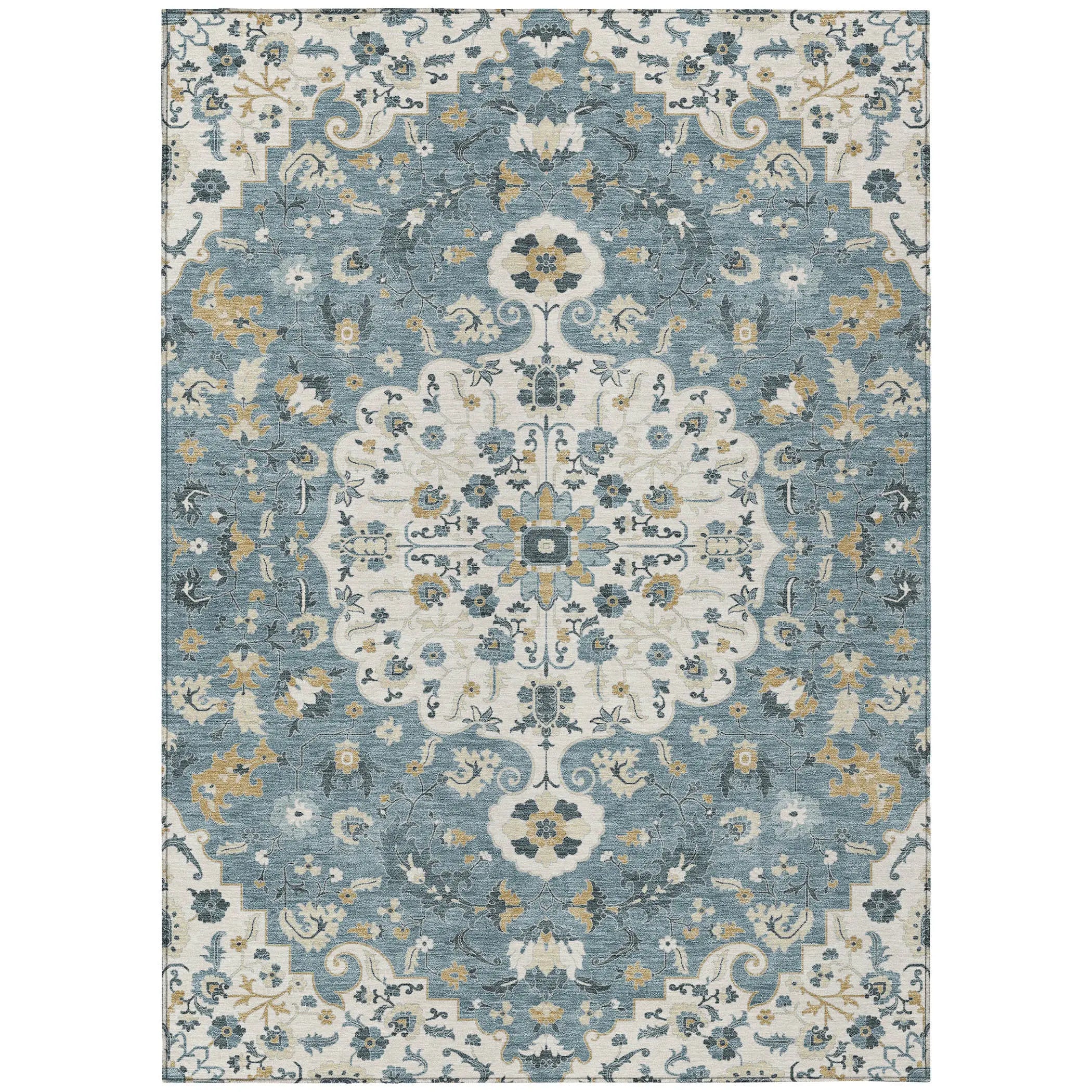 3' X 5' Ivory And Denim Blue Floral Medallion Washable Indoor Outdoor Area Rug Homeroots Outdoor