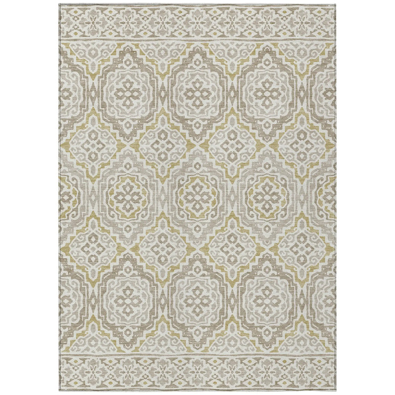 Beige and gray geometric patterned area rug with elegant floral motifs and a textured weave. Perfect for modern decor.
