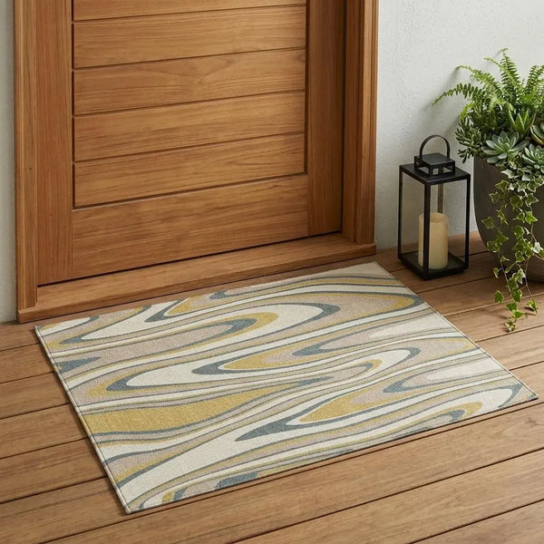 3' X 5' Ivory And Gold Abstract Washable Indoor Outdoor Area Rug Homeroots Outdoor