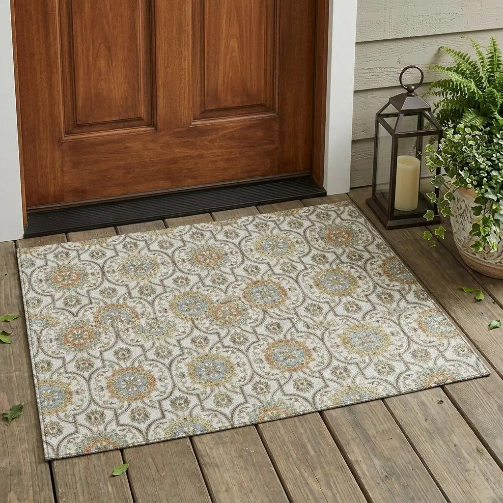 3' X 5' Ivory And Gold Floral Medallion Washable Indoor Outdoor Area Rug Homeroots Outdoor