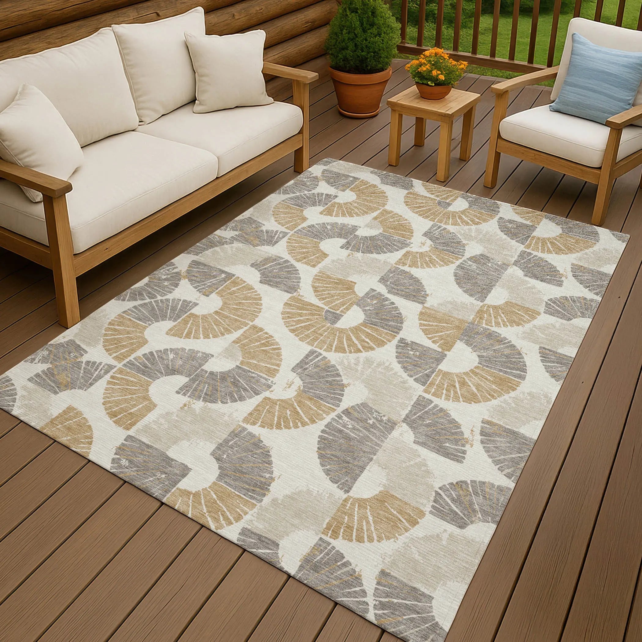 3' X 5' Ivory And Gold Geometric Washable Indoor Outdoor Area Rug Homeroots Outdoor
