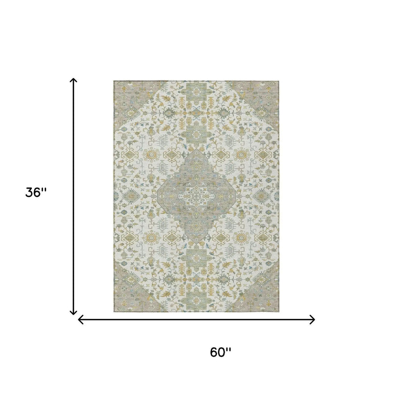 3' X 5' Ivory And Green Medallion Washable Indoor Outdoor Area Rug Homeroots Outdoor