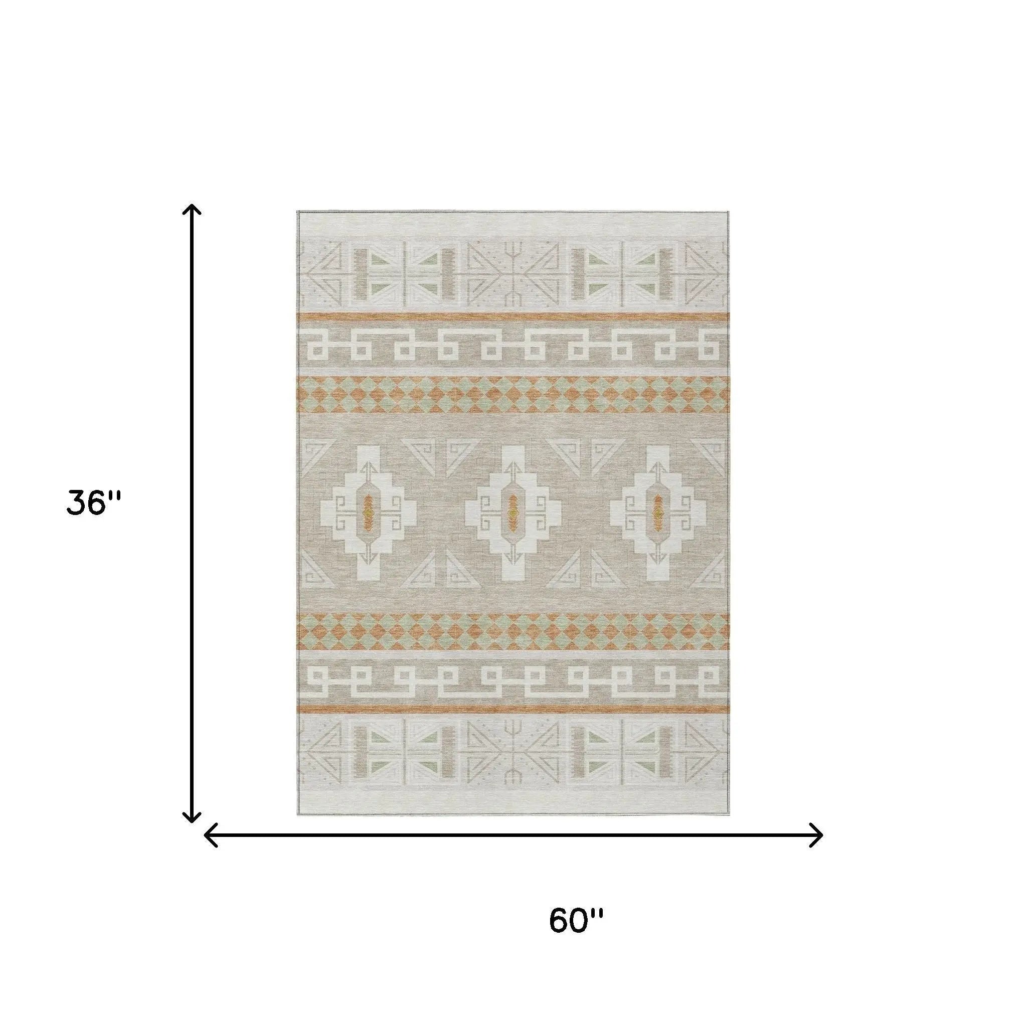 3' X 5' Ivory And Green Tribal Washable Indoor Outdoor Area Rug Homeroots Outdoor