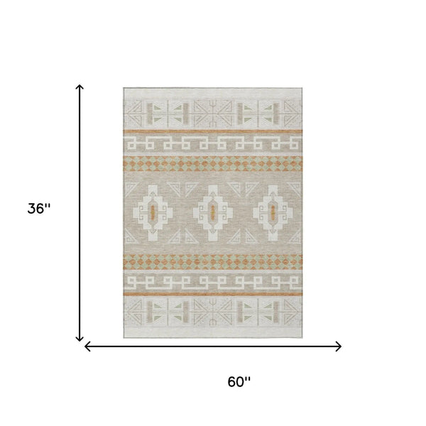 3' X 5' Ivory And Green Tribal Washable Indoor Outdoor Area Rug Homeroots Outdoor