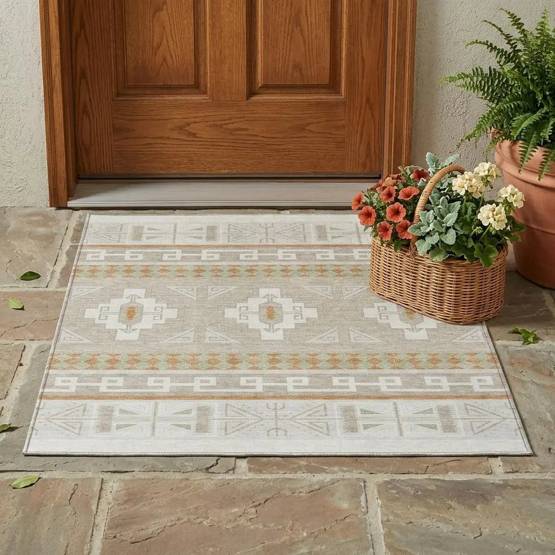 3' X 5' Ivory And Green Tribal Washable Indoor Outdoor Area Rug Homeroots Outdoor