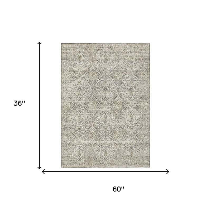 3' X 5' Ivory And Linen Floral Washable Indoor Outdoor Area Rug Homeroots Outdoor