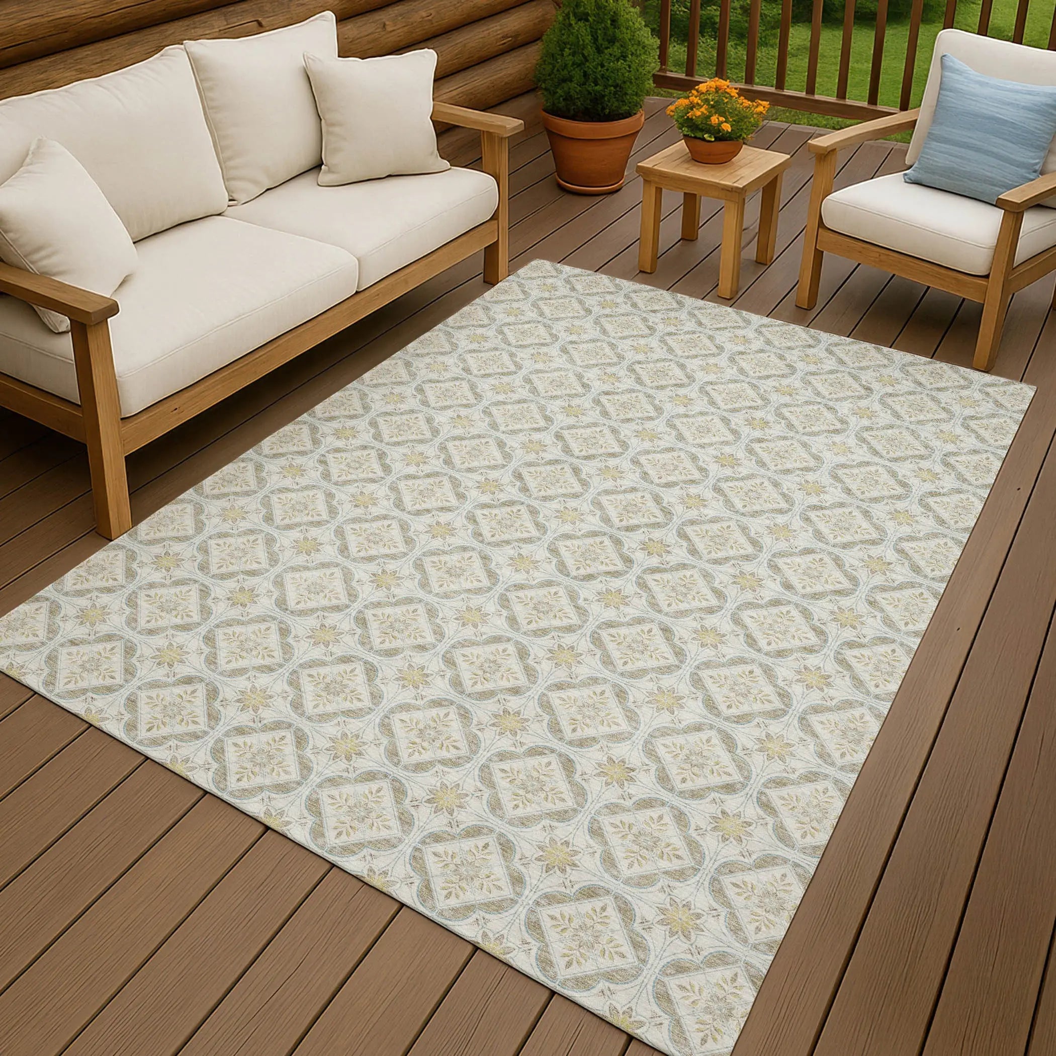 3' X 5' Ivory And Linen Geometric Washable Indoor Outdoor Area Rug Homeroots Outdoor
