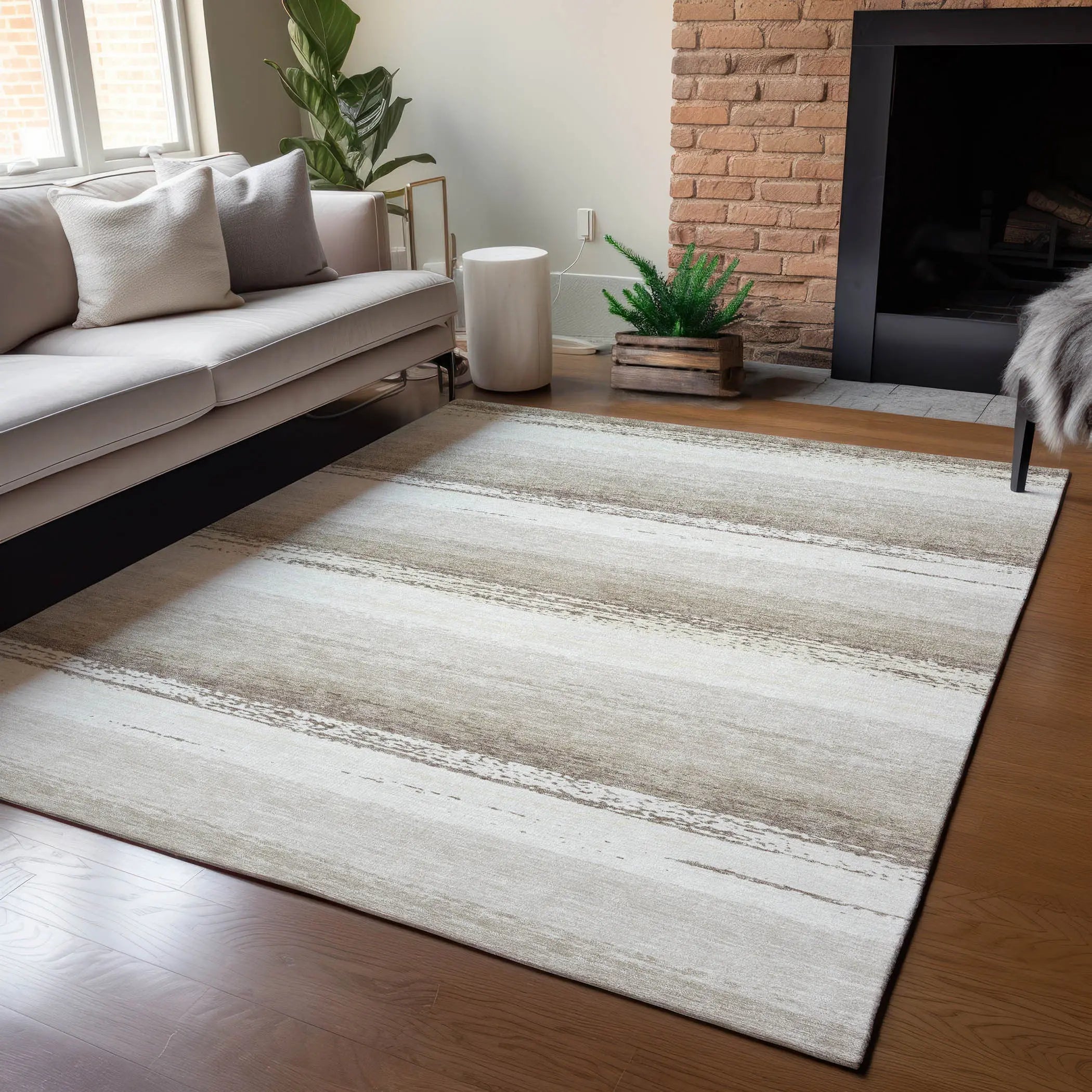 3' X 5' Ivory And Linen Striped Washable Indoor Outdoor Area Rug Homeroots Outdoor