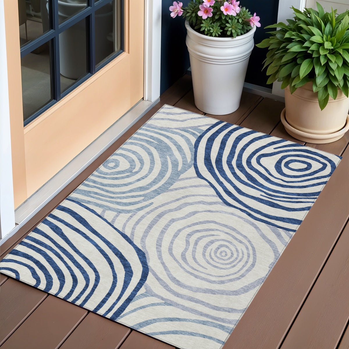 3' X 5' Ivory And Navy Blue Abstract Washable Indoor Outdoor Area Rug - GreatEagleInc