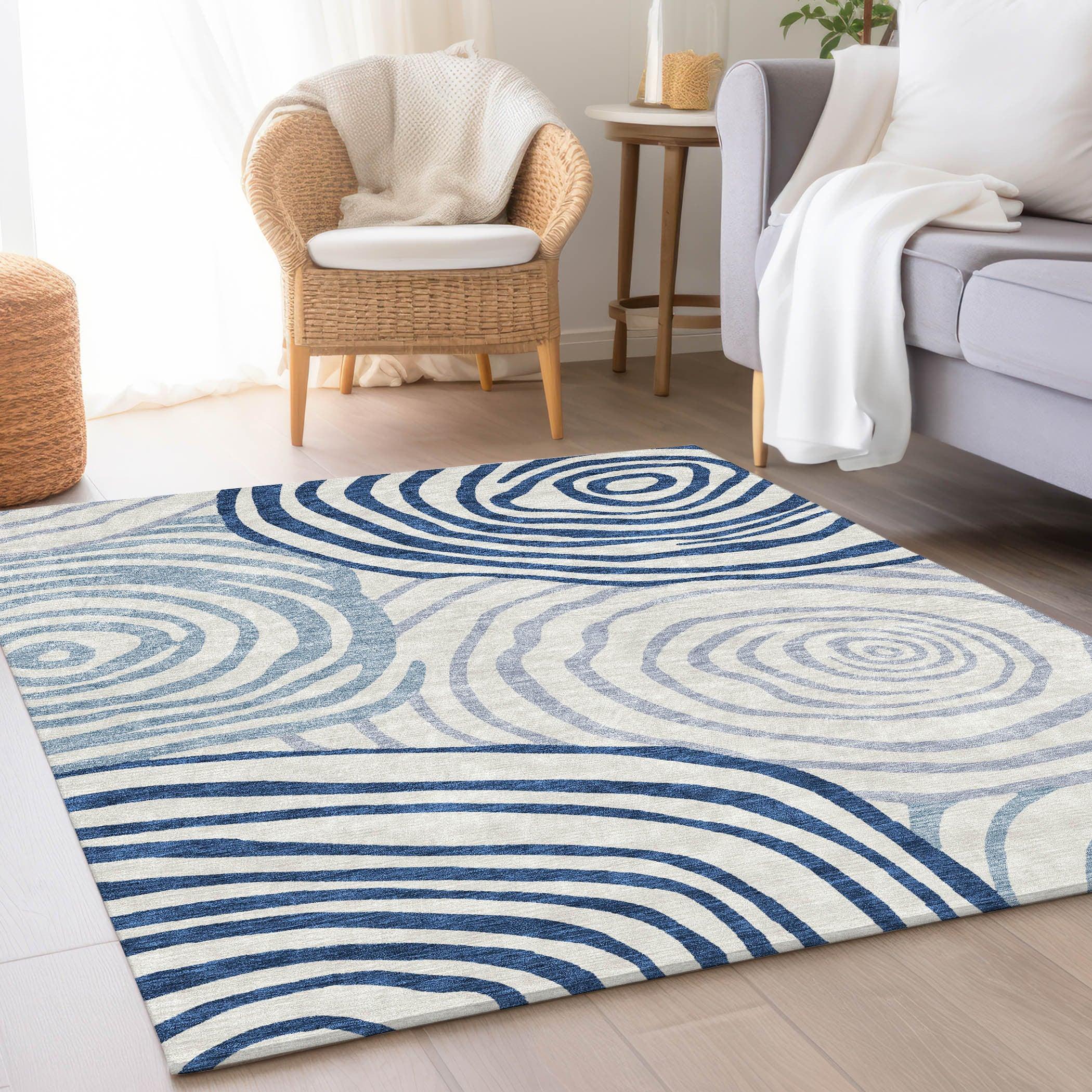 3' X 5' Ivory And Navy Blue Abstract Washable Indoor Outdoor Area Rug - GreatEagleInc
