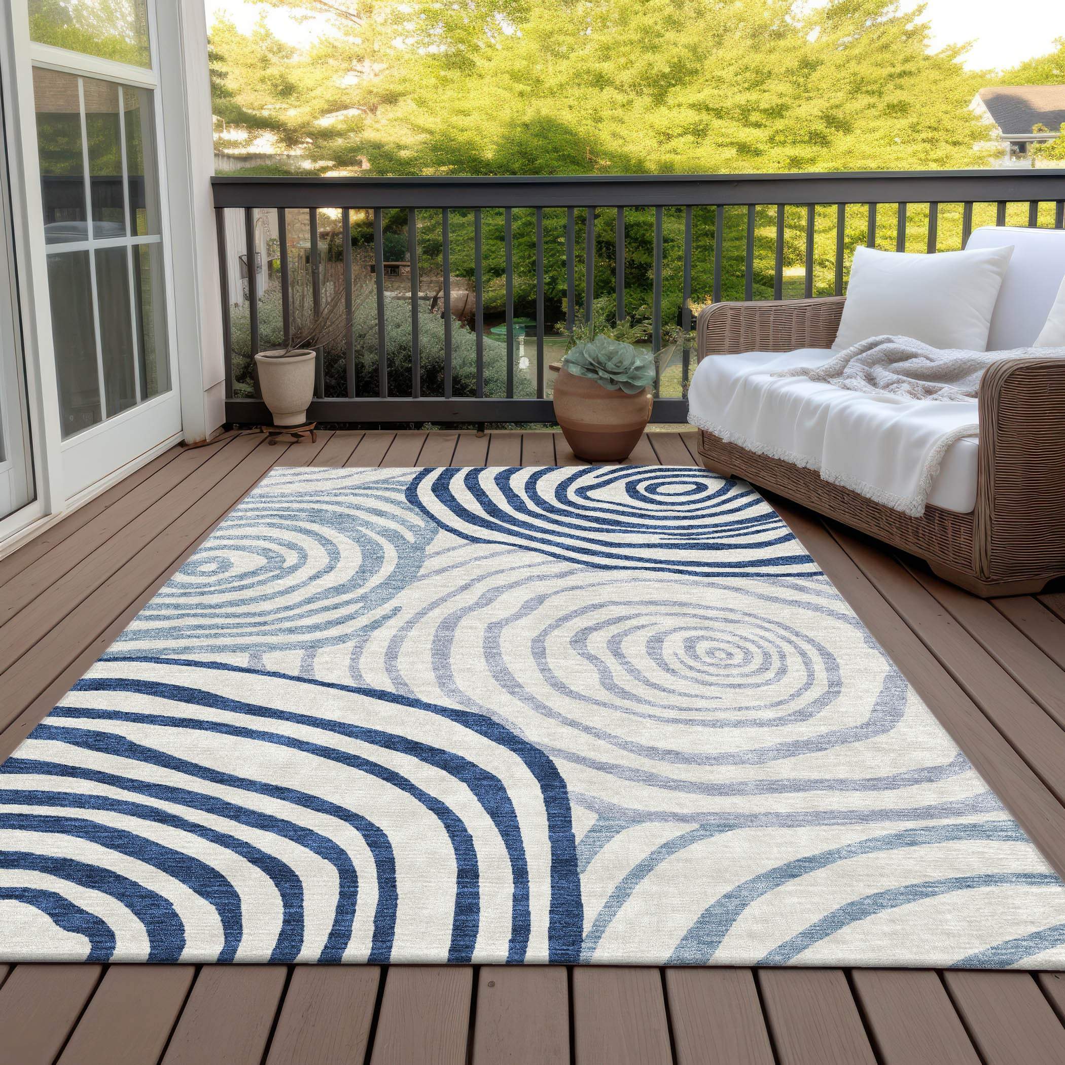 3' X 5' Ivory And Navy Blue Abstract Washable Indoor Outdoor Area Rug - GreatEagleInc