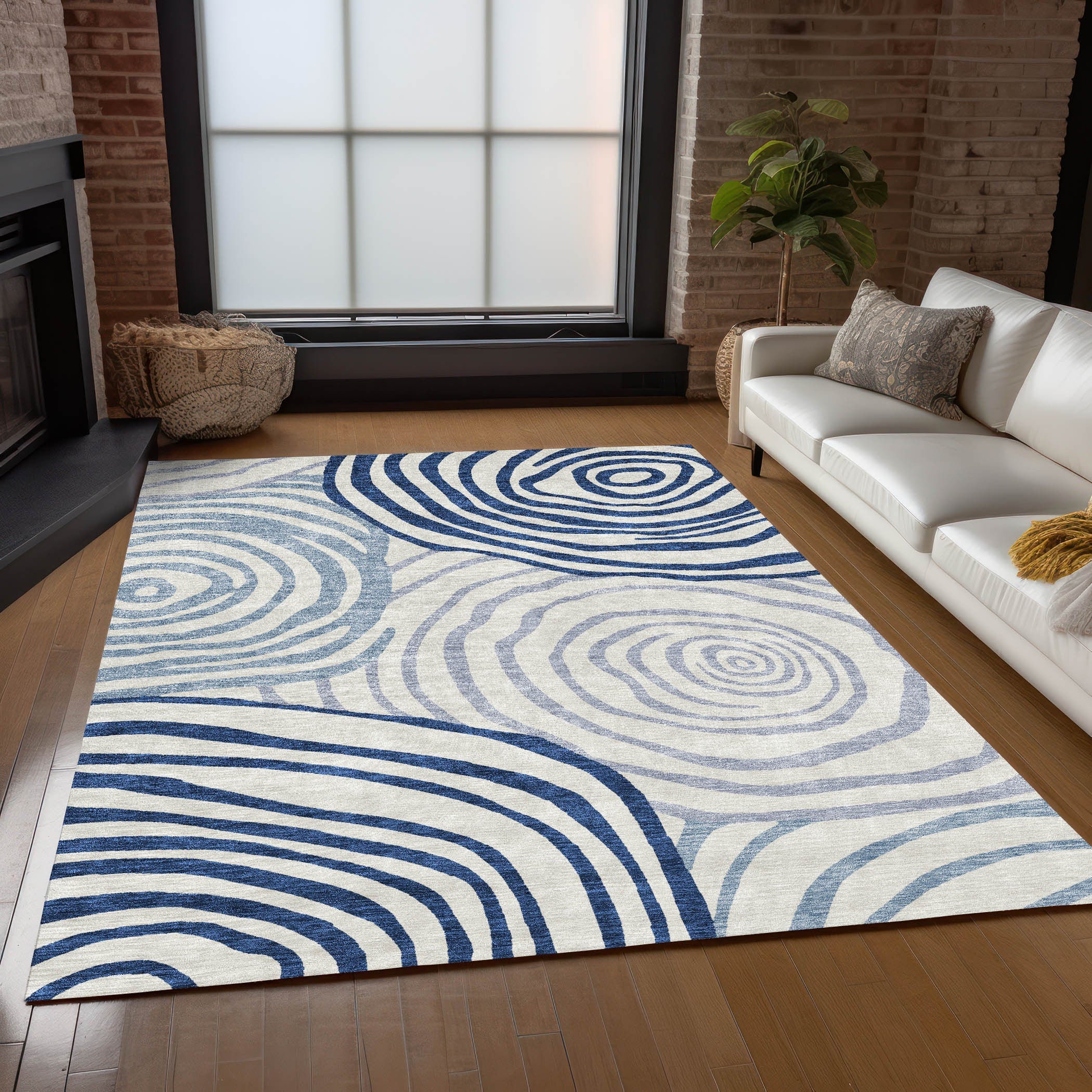 3' X 5' Ivory And Navy Blue Abstract Washable Indoor Outdoor Area Rug - GreatEagleInc