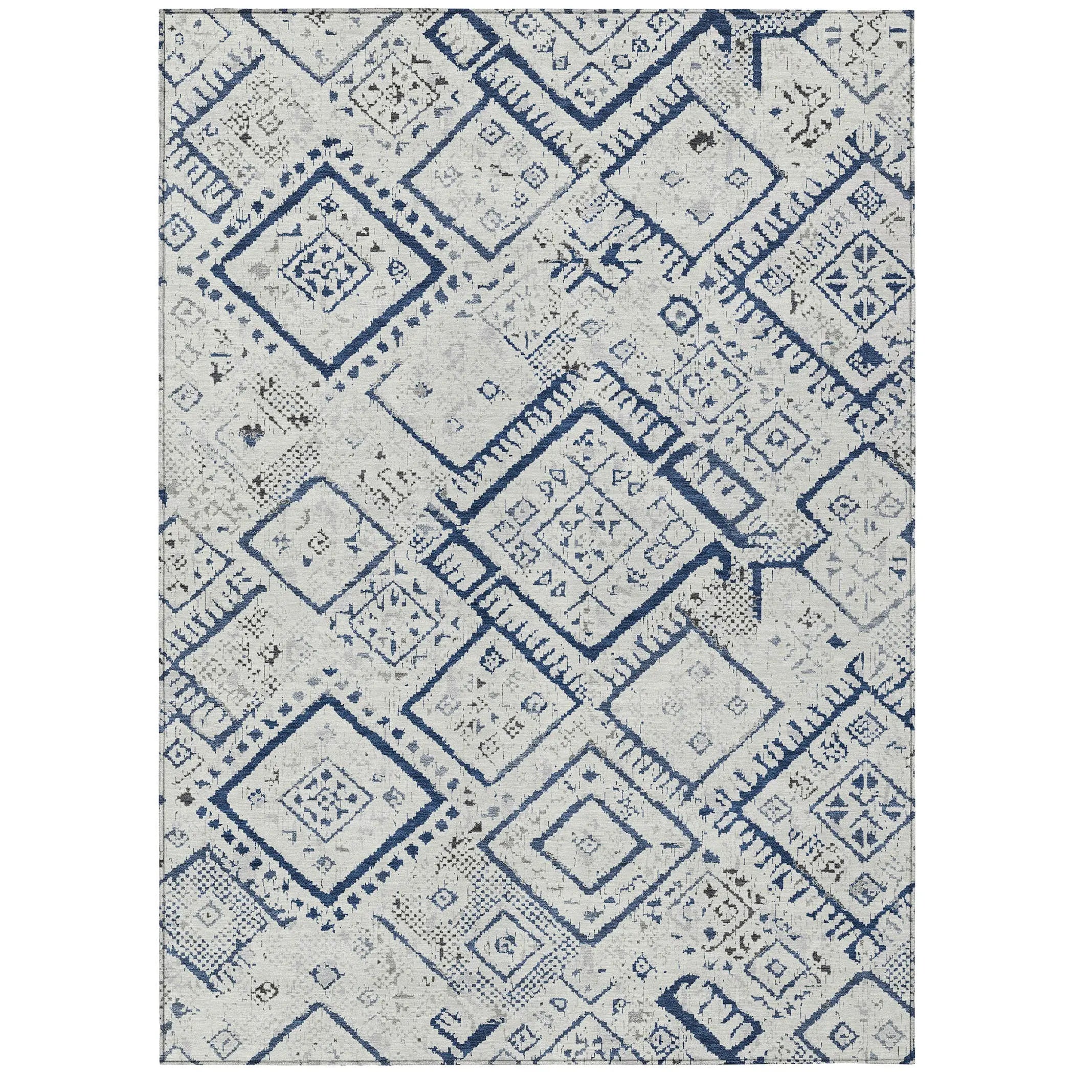 3' X 5' Ivory And Navy Blue Geometric Washable Indoor Outdoor Area Rug Homeroots Outdoor