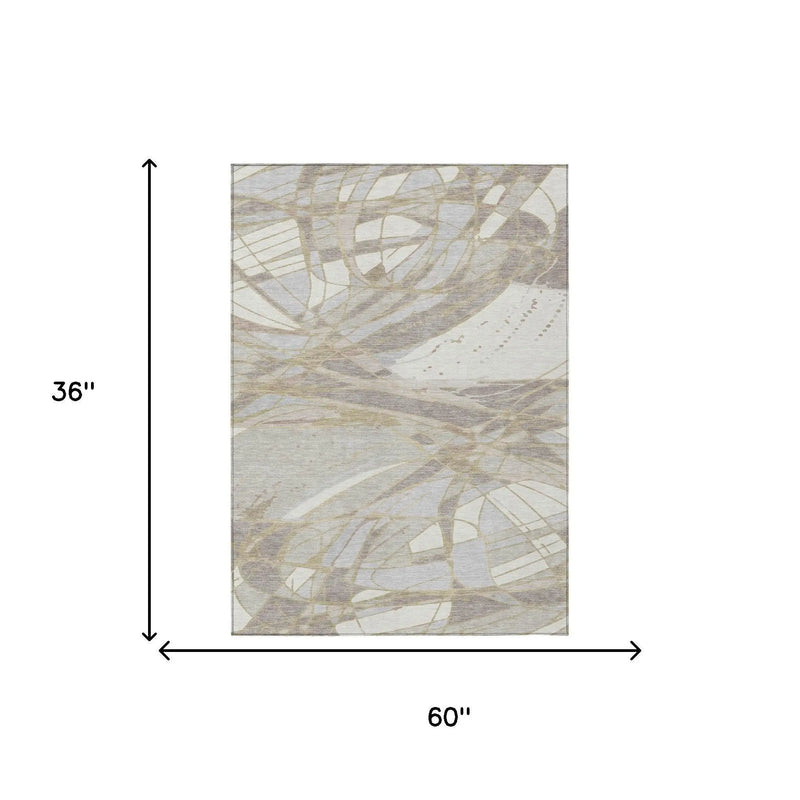3' X 5' Ivory And Silver Abstract Washable Indoor Outdoor Area Rug Homeroots Outdoor