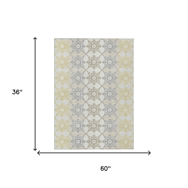 3' X 5' Ivory And Silver Floral Medallion Washable Indoor Outdoor Area Rug Homeroots Outdoor