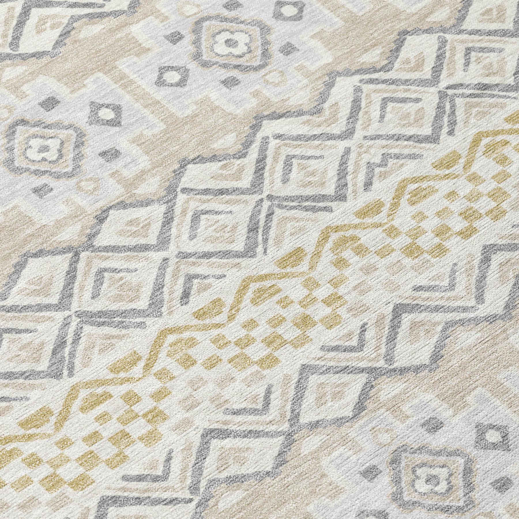 Abstract geometric area rug in beige, gray, and gold, featuring a modern, textured design. Perfect for contemporary decor.
