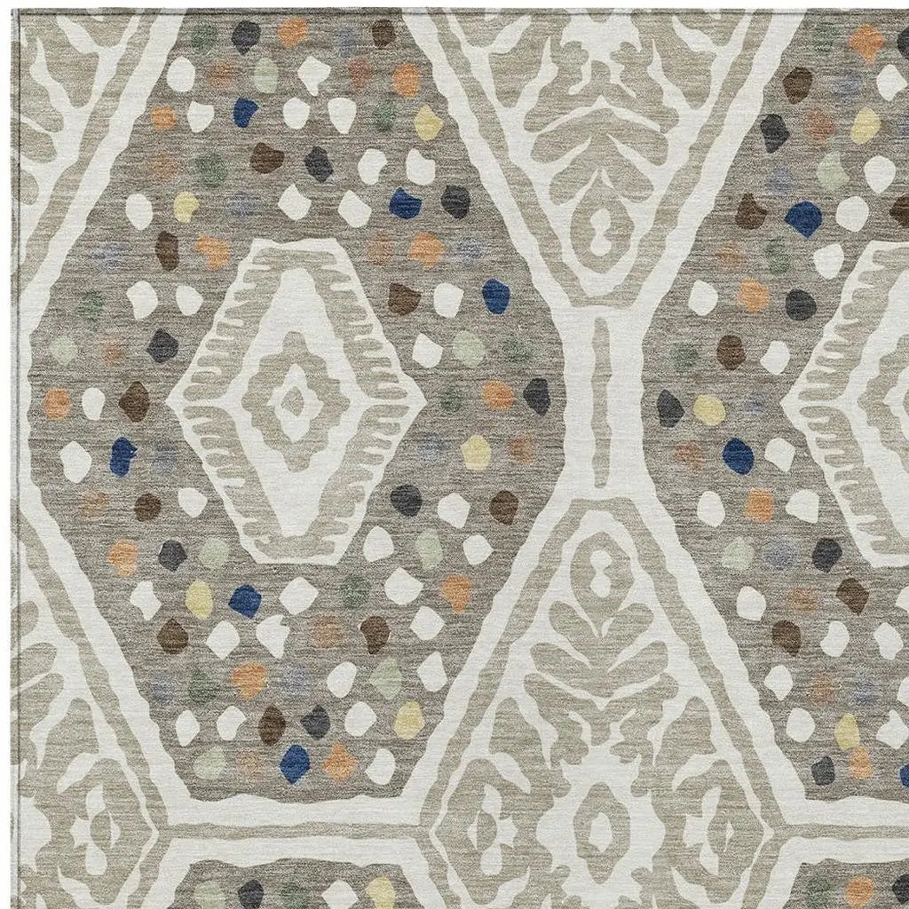 3' X 5' Ivory And Taupe Tribal Washable Indoor Outdoor Area Rug Homeroots Outdoor