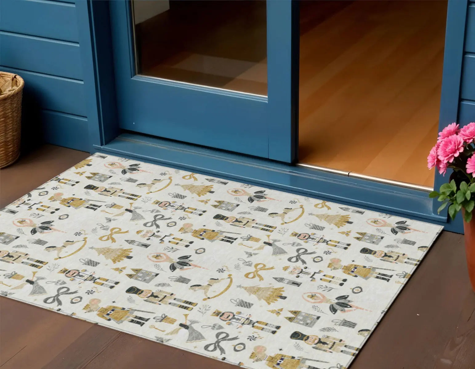 3' X 5' Ivory Gold Black And Gray Nutcracker Washable Indoor Outdoor Area Rug Homeroots Outdoor