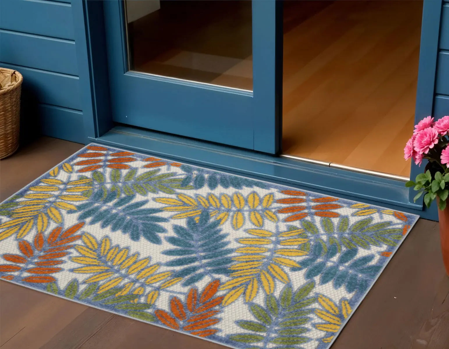 3' X 5' Ivory Yellow Orange Green And Blue Palm Leaf Indoor Outdoor Area Rug Homeroots Outdoor