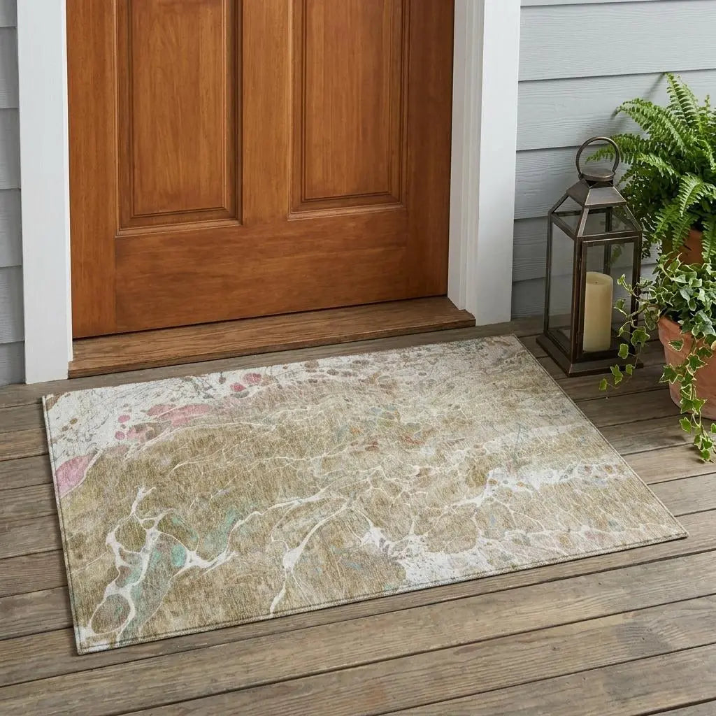 3' X 5' Khaki And Brown Abstract Washable Indoor Outdoor Area Rug Homeroots Outdoor