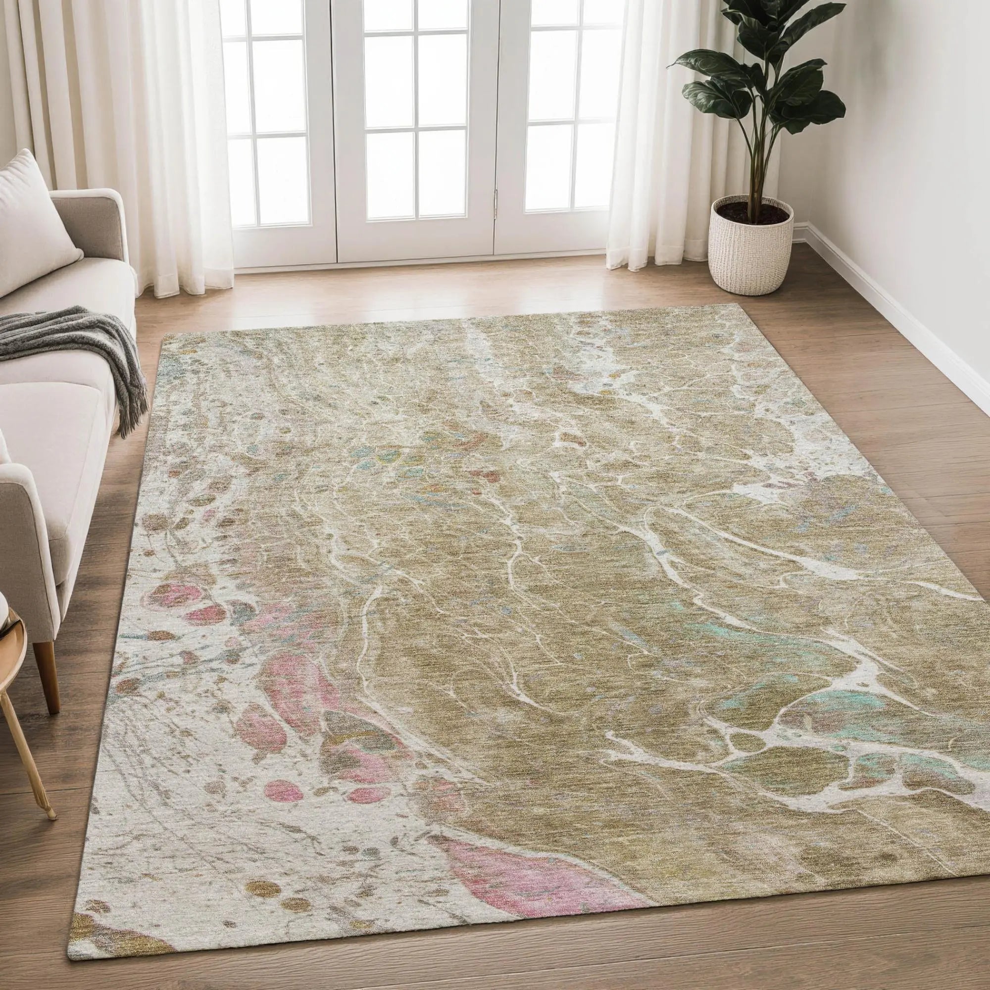 3' X 5' Khaki And Brown Abstract Washable Indoor Outdoor Area Rug Homeroots Outdoor