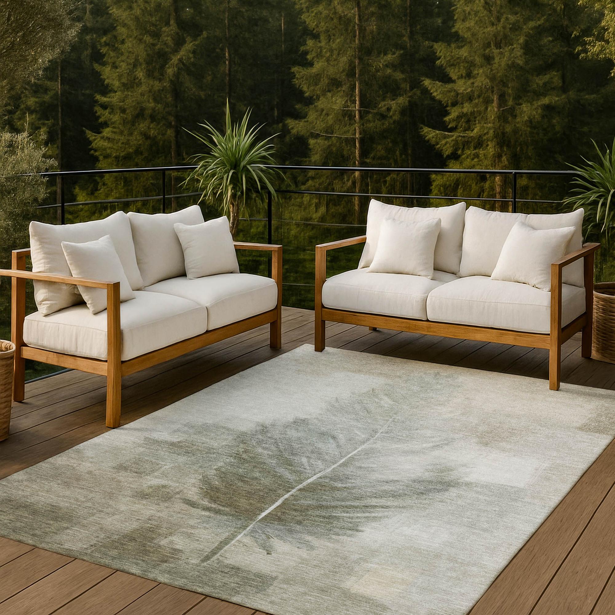 3' X 5' Khaki And Brown Botanical Leaves Washable Indoor Outdoor Area Rug Homeroots Outdoor