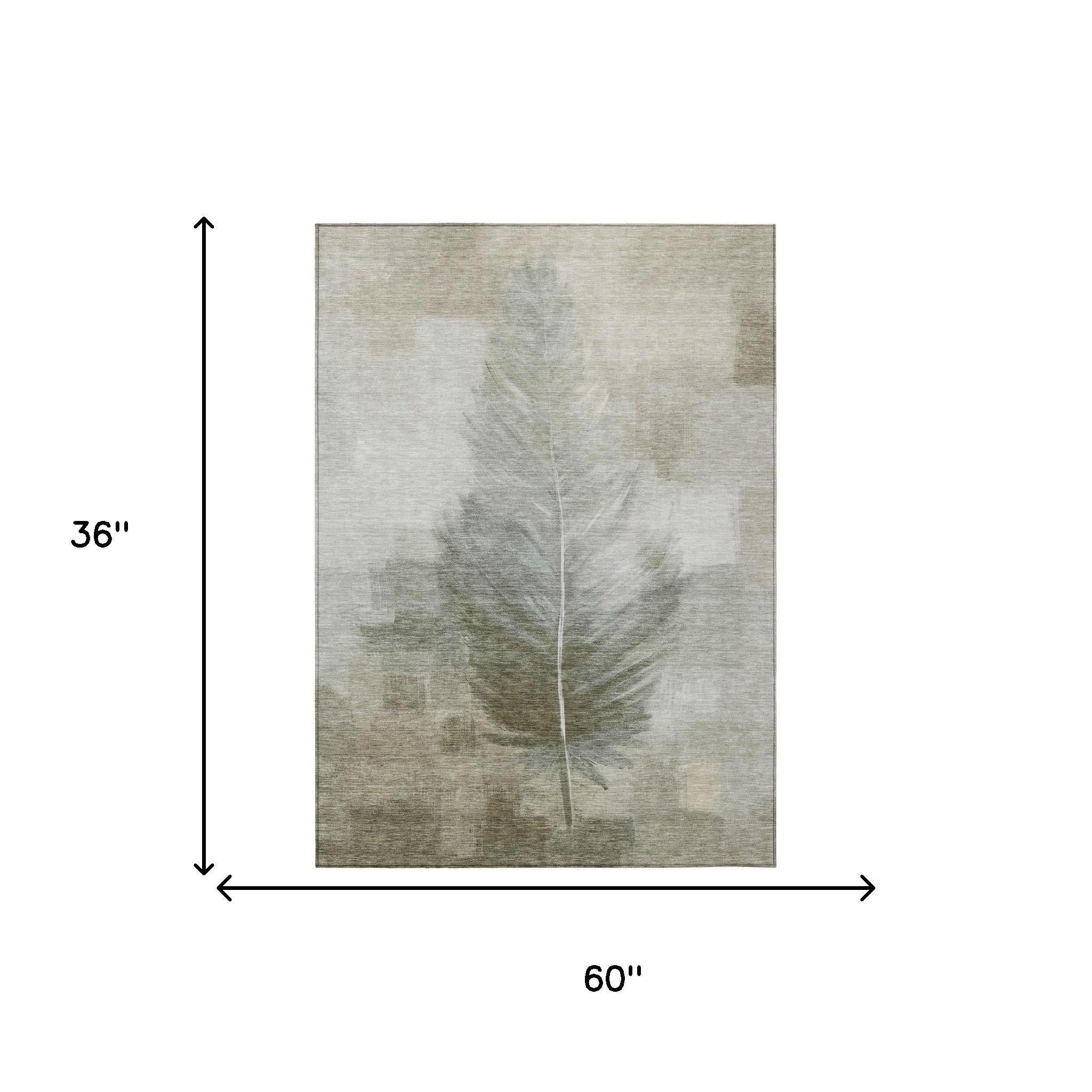 3' X 5' Khaki And Brown Botanical Leaves Washable Indoor Outdoor Area Rug Homeroots Outdoor