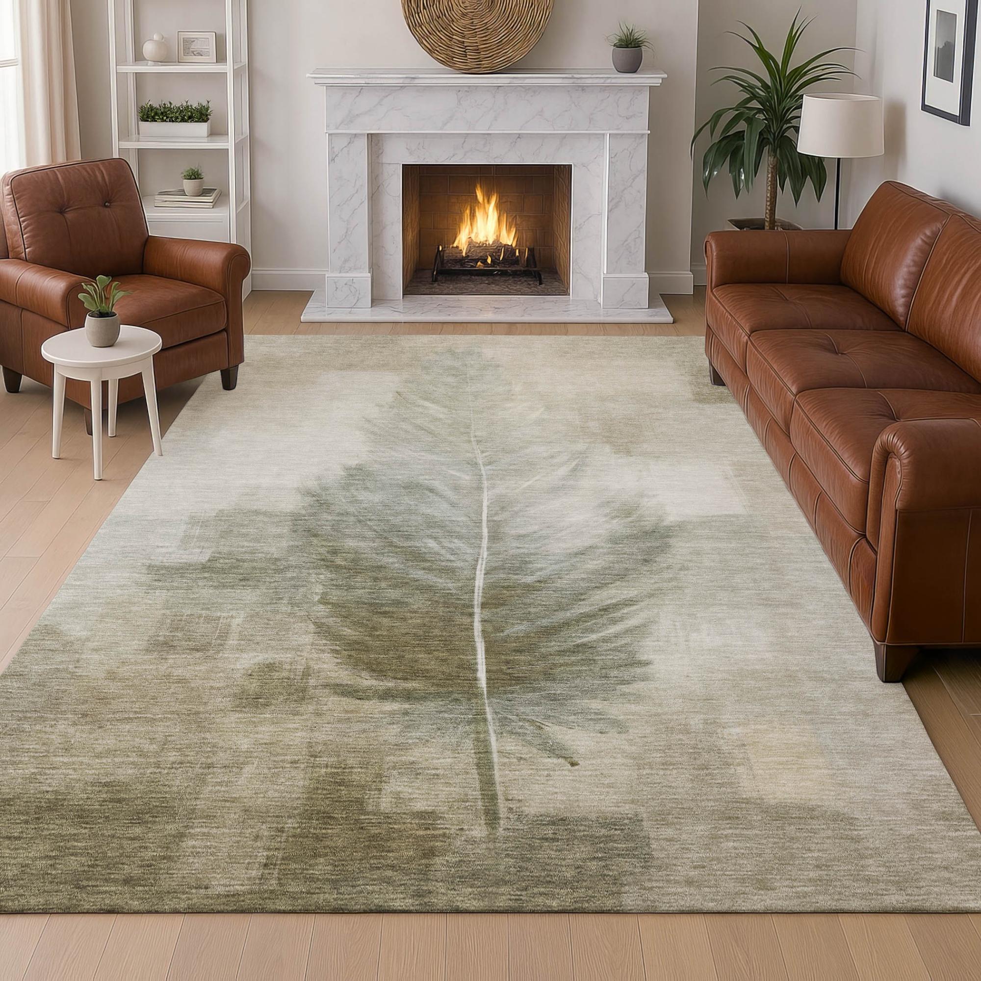 3' X 5' Khaki And Brown Botanical Leaves Washable Indoor Outdoor Area Rug Homeroots Outdoor