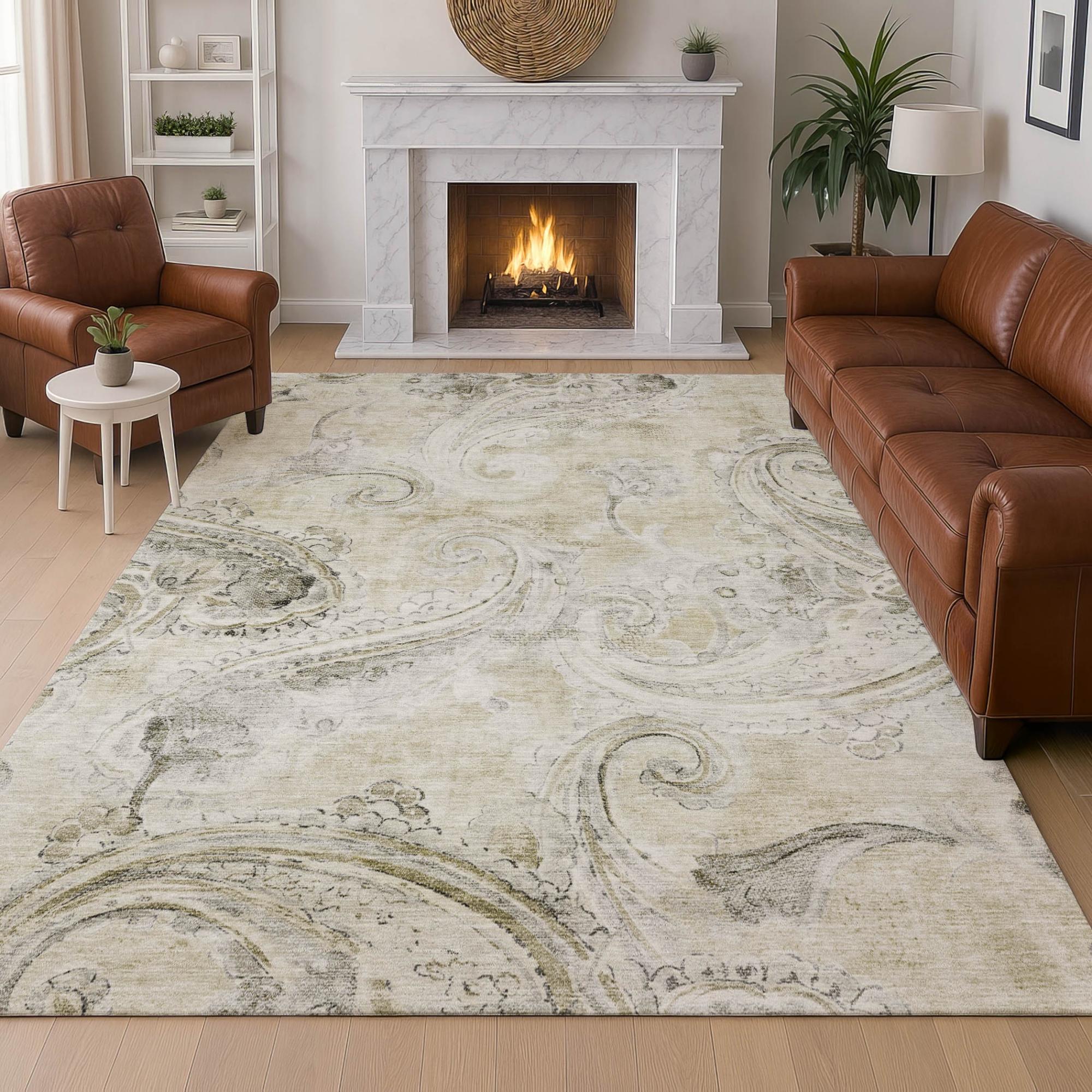 3' X 5' Khaki And Brown Paisley Washable Indoor Outdoor Area Rug Homeroots Outdoor