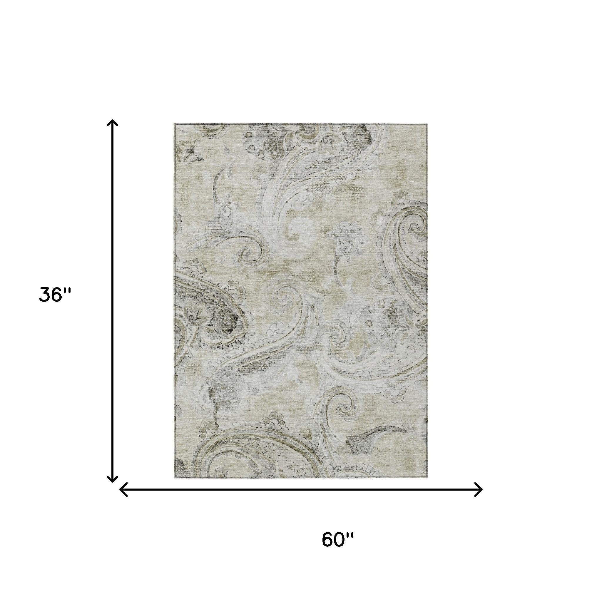 3' X 5' Khaki And Brown Paisley Washable Indoor Outdoor Area Rug Homeroots Outdoor