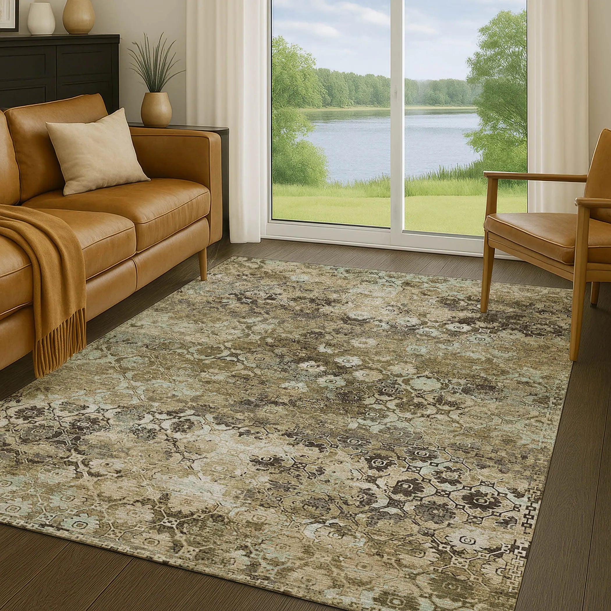 3' X 5' Khaki And Olive Green Abstract Washable Indoor Outdoor Area Rug Homeroots Outdoor