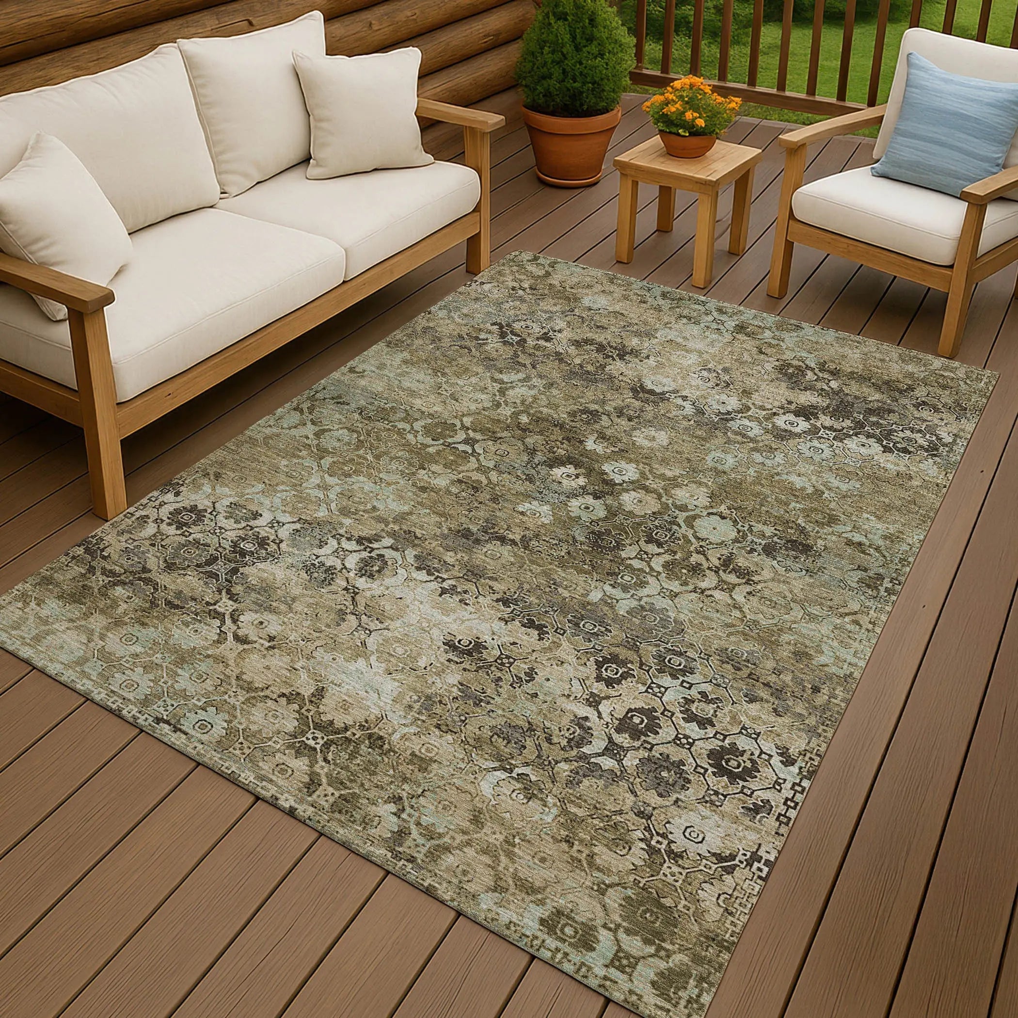3' X 5' Khaki And Olive Green Abstract Washable Indoor Outdoor Area Rug Homeroots Outdoor