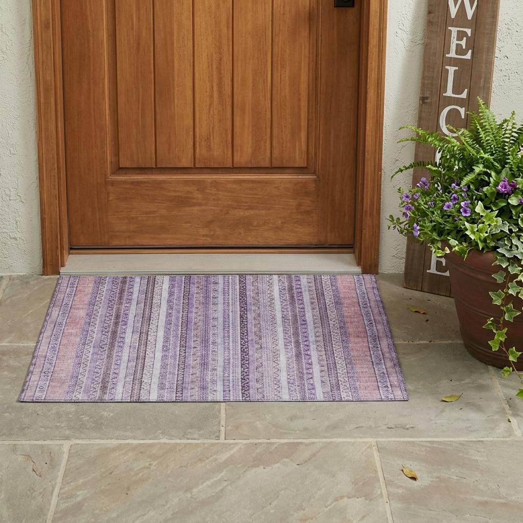 3' X 5' Lavender And Purple Striped Washable Indoor Outdoor Area Rug Homeroots Outdoor