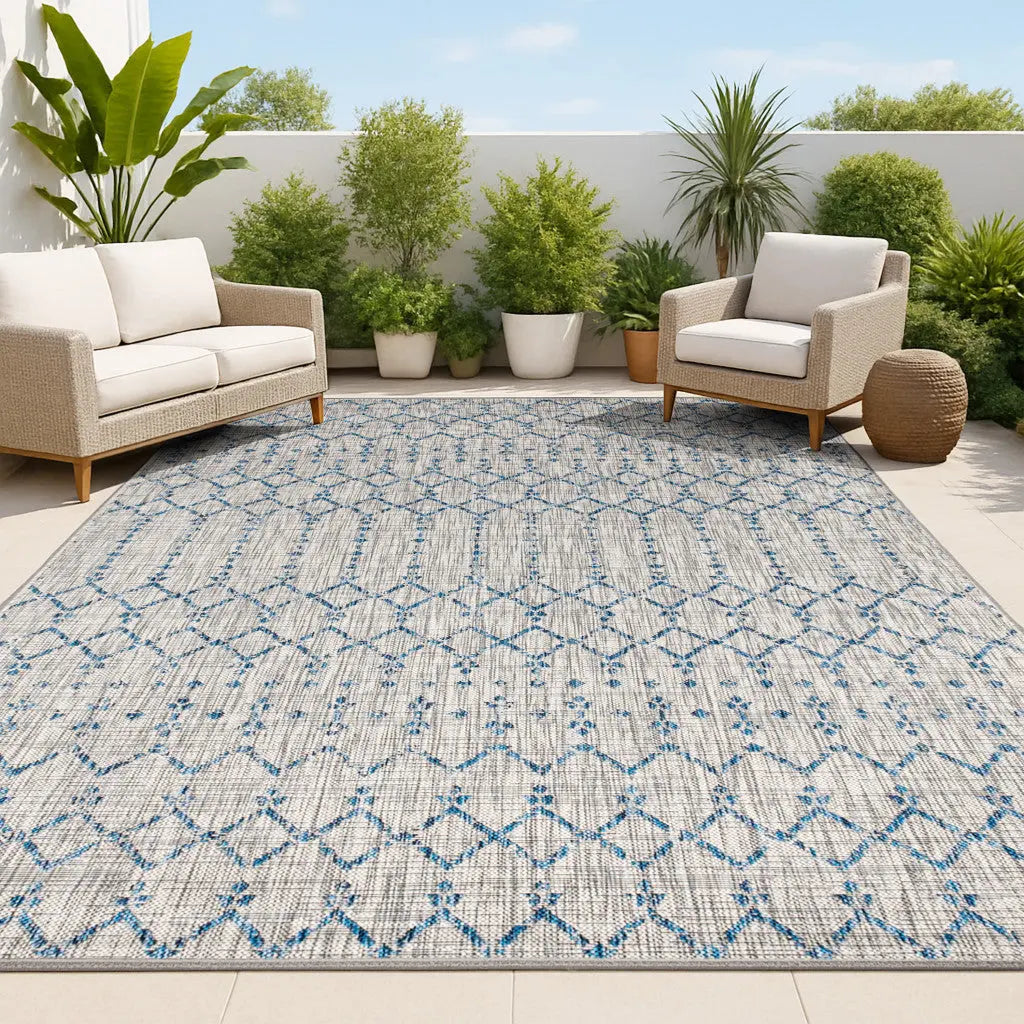 3' X 5' Light Gray And Navy Blue Trellis Indoor Outdoor Area Rug Homeroots Outdoor