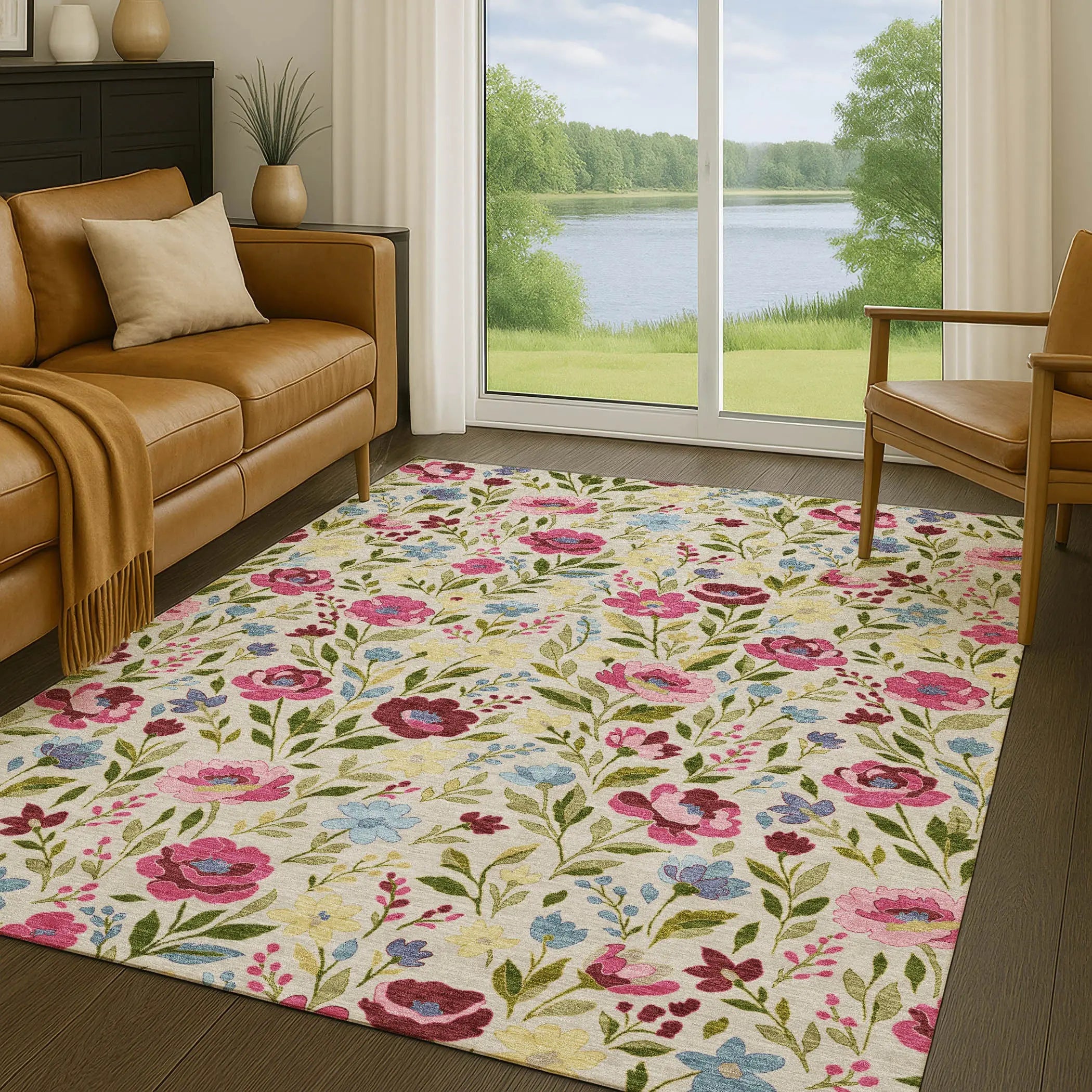 3' X 5' Linen And Blush Floral Washable Indoor Outdoor Area Rug Homeroots Outdoor