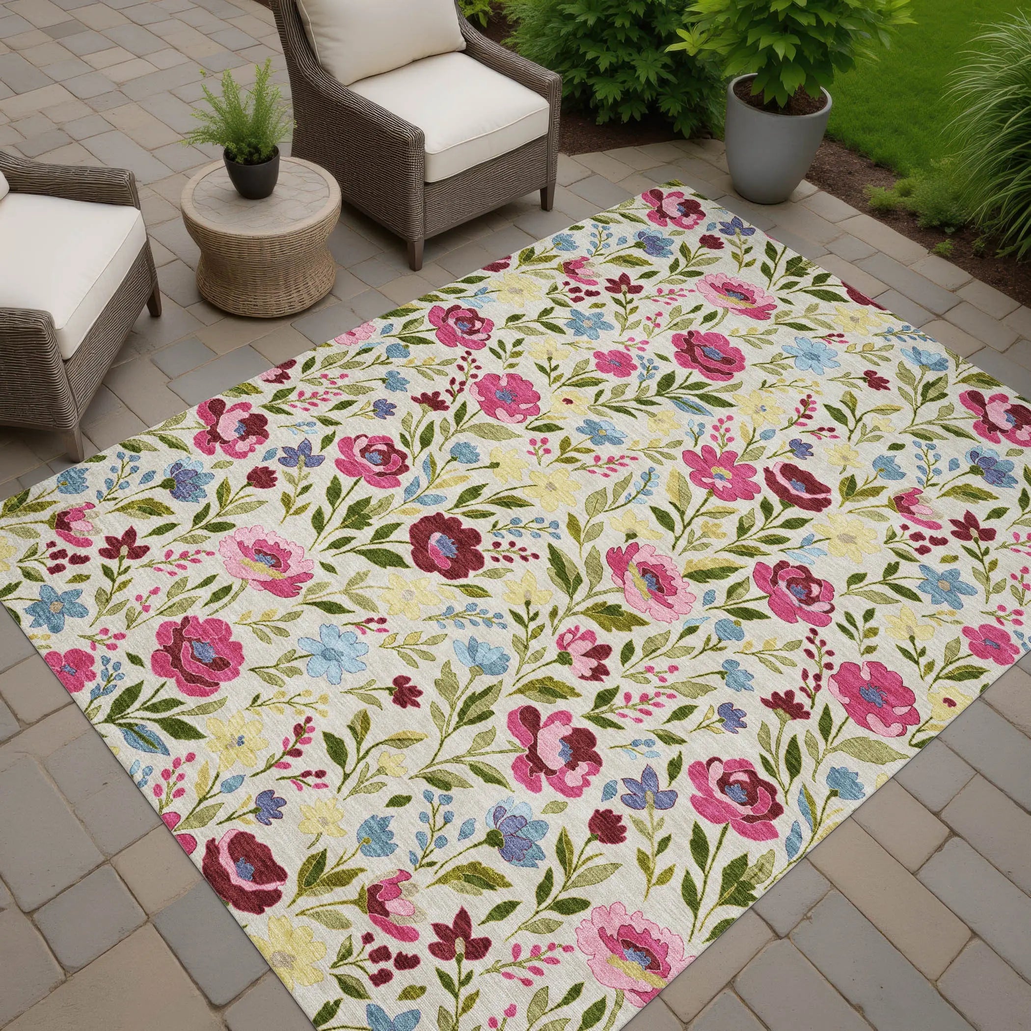 3' X 5' Linen And Blush Floral Washable Indoor Outdoor Area Rug Homeroots Outdoor