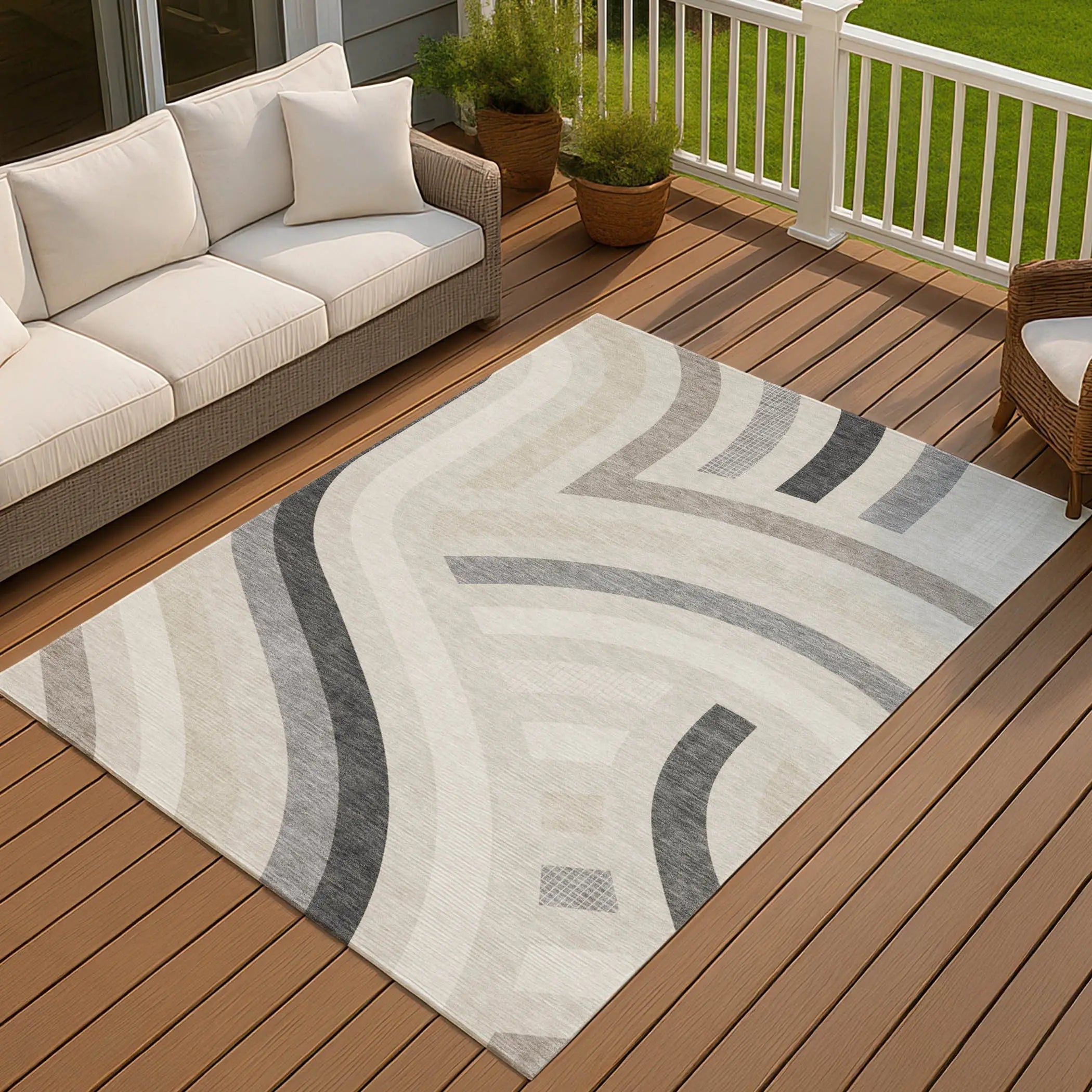 3' X 5' Linen And Ivory Abstract Washable Indoor Outdoor Area Rug Homeroots Outdoor