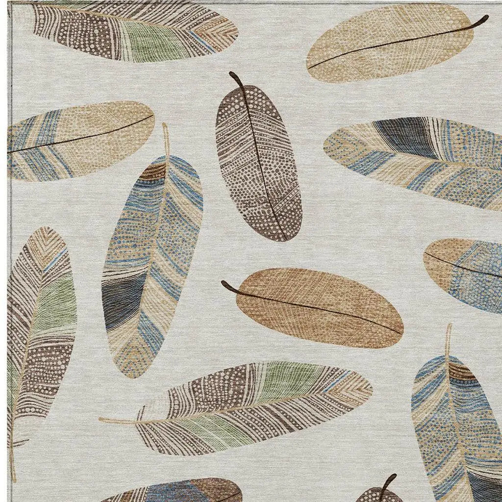 3' X 5' Linen And Ivory Botanical Leaves Washable Indoor Outdoor Area Rug Homeroots Outdoor