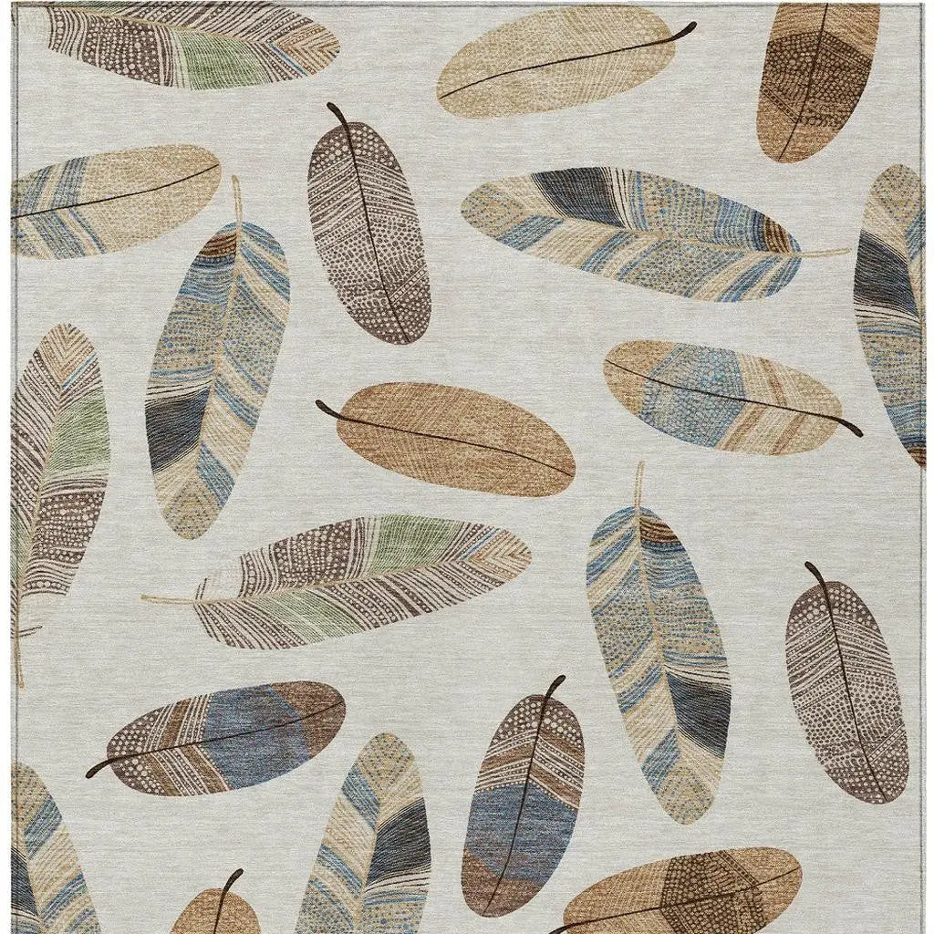 3' X 5' Linen And Ivory Botanical Leaves Washable Indoor Outdoor Area Rug Homeroots Outdoor