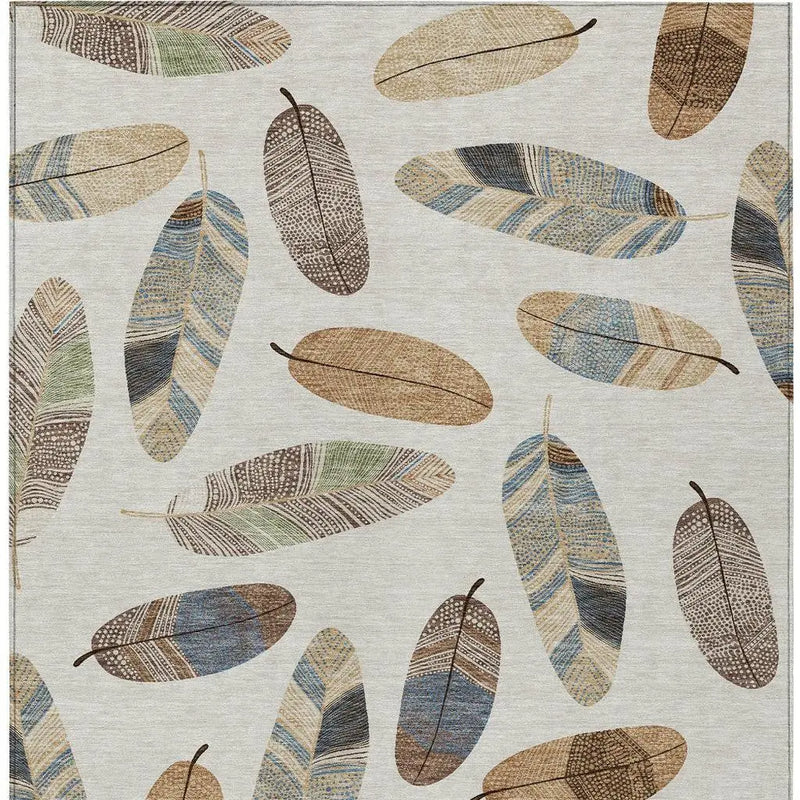 3' X 5' Linen And Ivory Botanical Leaves Washable Indoor Outdoor Area Rug Homeroots Outdoor