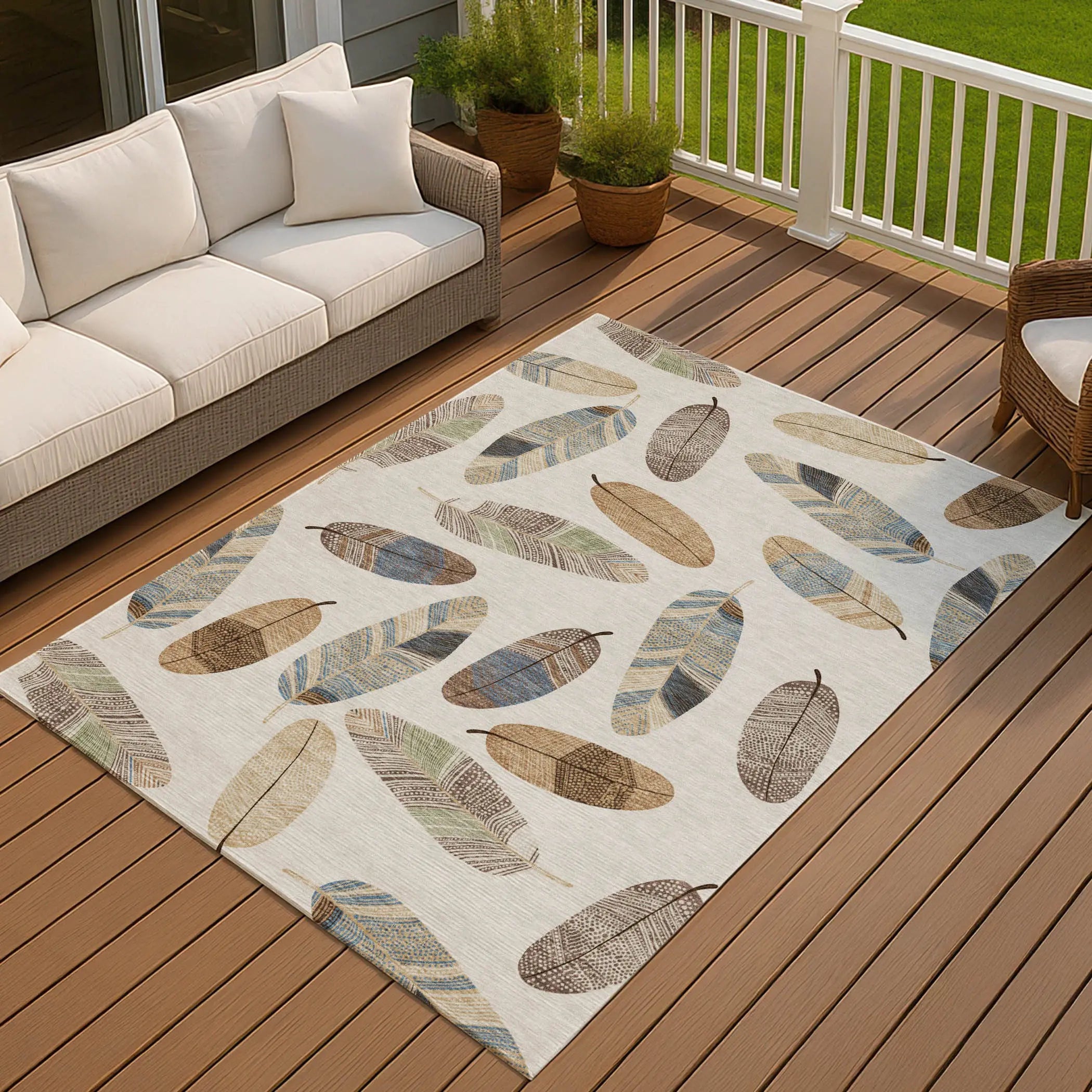 3' X 5' Linen And Ivory Botanical Leaves Washable Indoor Outdoor Area Rug Homeroots Outdoor