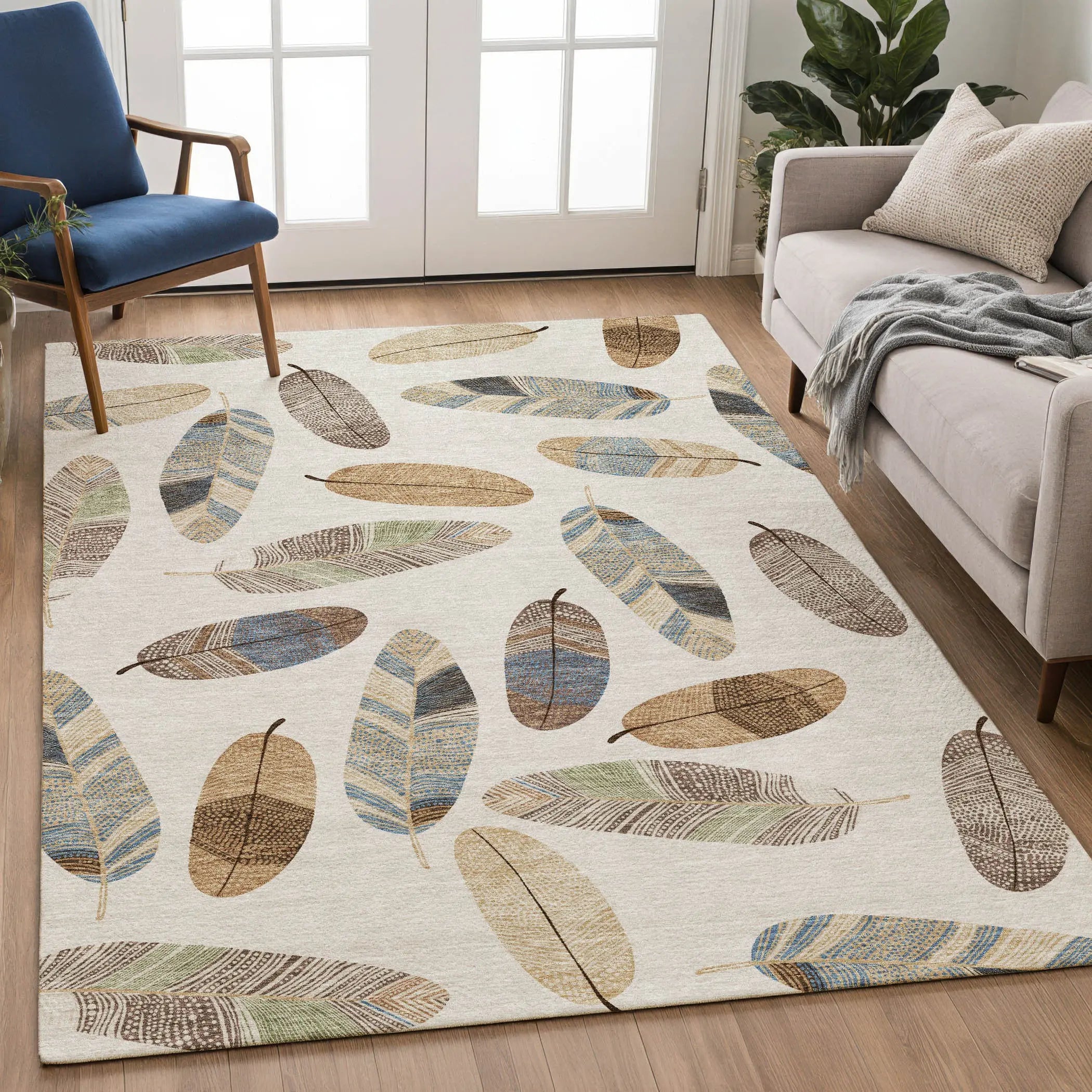 3' X 5' Linen And Ivory Botanical Leaves Washable Indoor Outdoor Area Rug Homeroots Outdoor