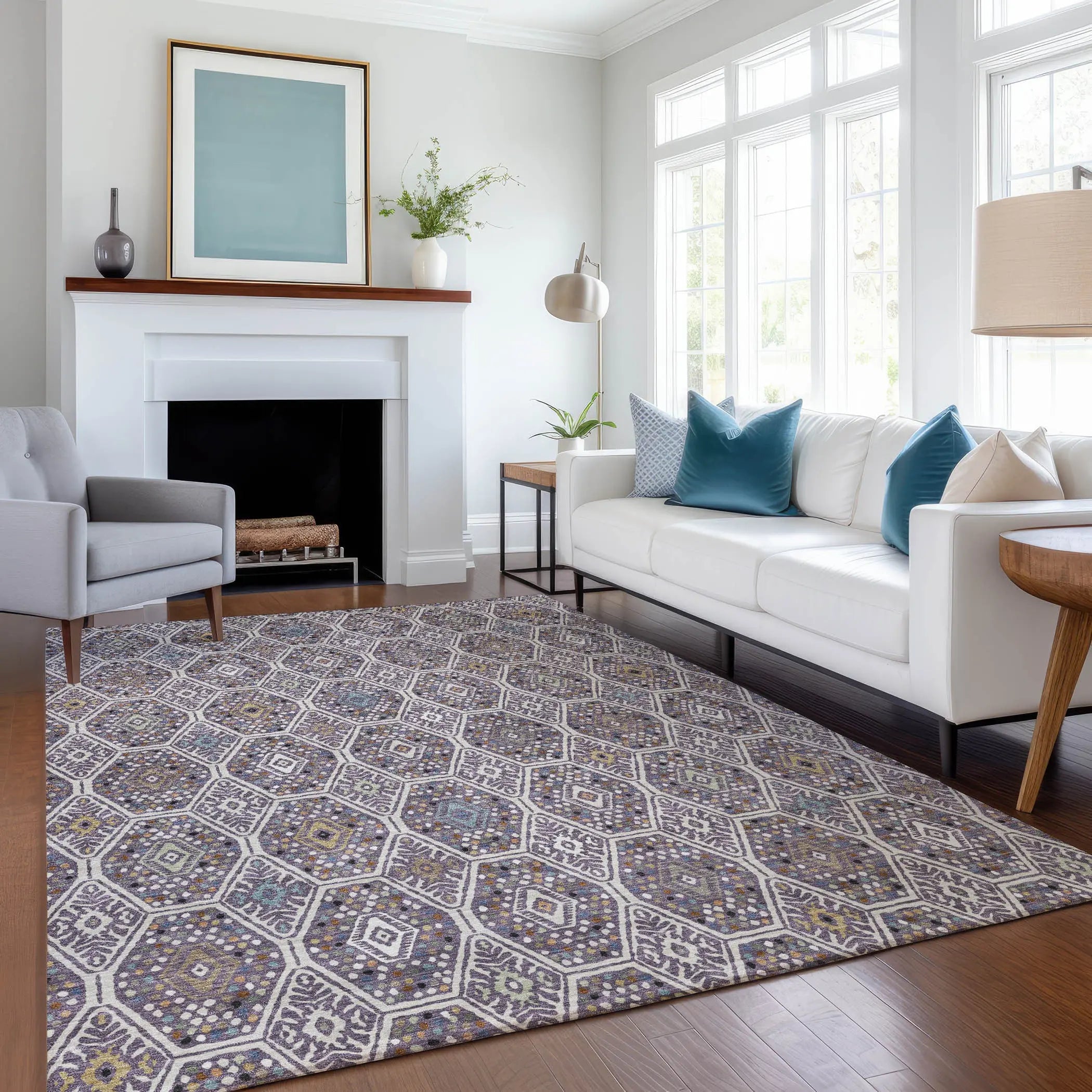 3' X 5' Linen And Plum Geometric Washable Indoor Outdoor Area Rug Homeroots Outdoor