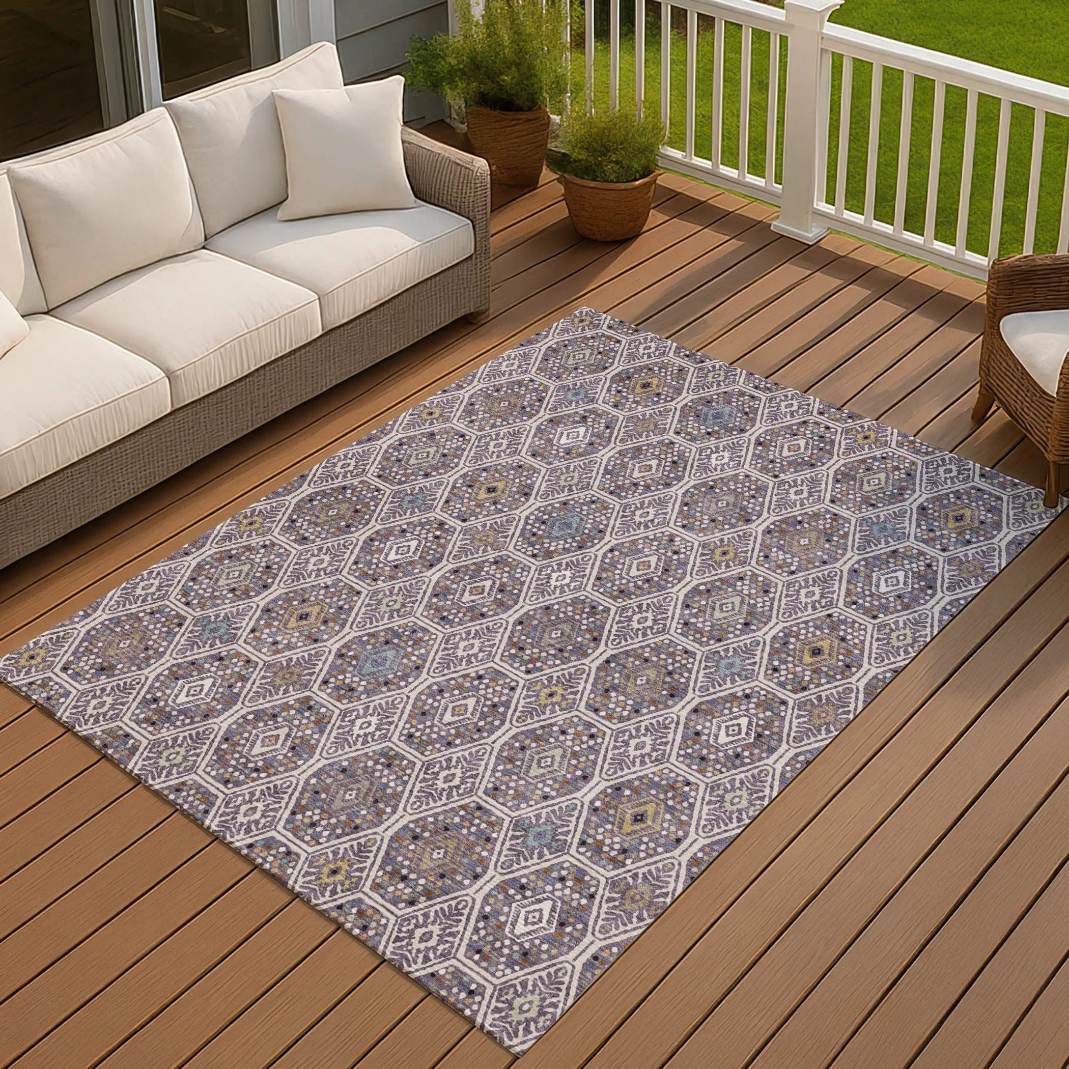 3' X 5' Linen And Plum Geometric Washable Indoor Outdoor Area Rug Homeroots Outdoor