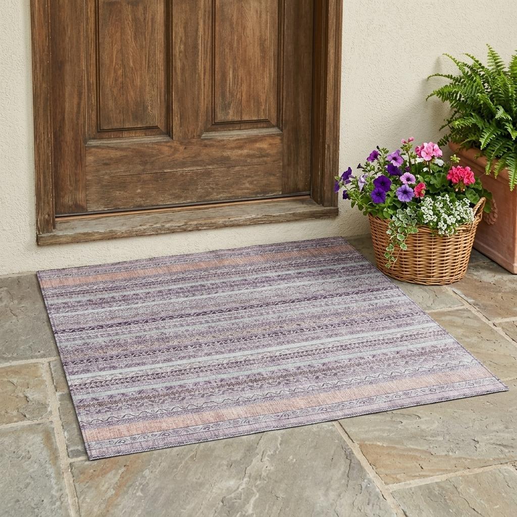 3' X 5' Mauve And Pink Striped Washable Indoor Outdoor Area Rug Homeroots Outdoor