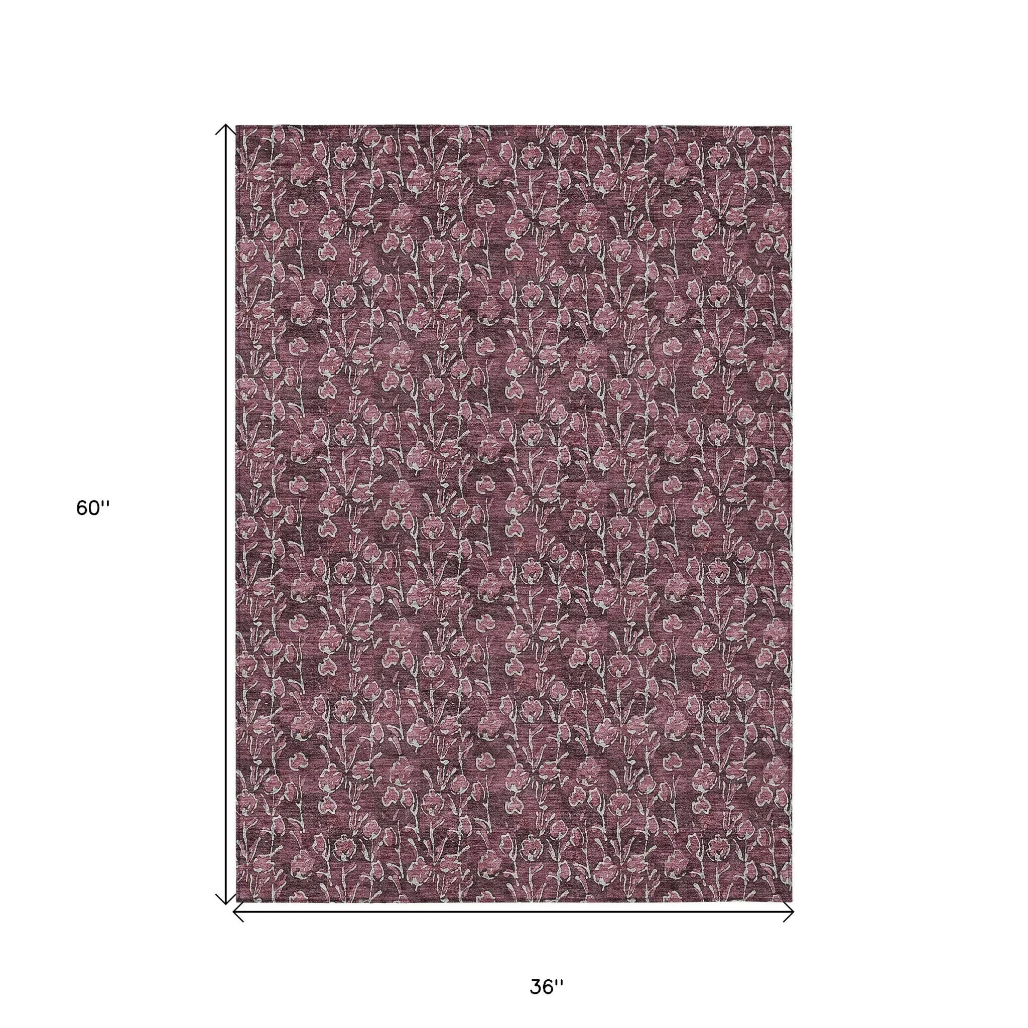 3' X 5' Merlot Mauve And Ivory Floral Washable Indoor Outdoor Area Rug Homeroots Outdoor