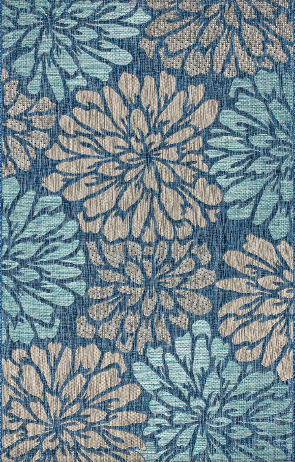 Blue floral patterned upholstery fabric with beige and aqua accents, perfect for home décor and furniture.