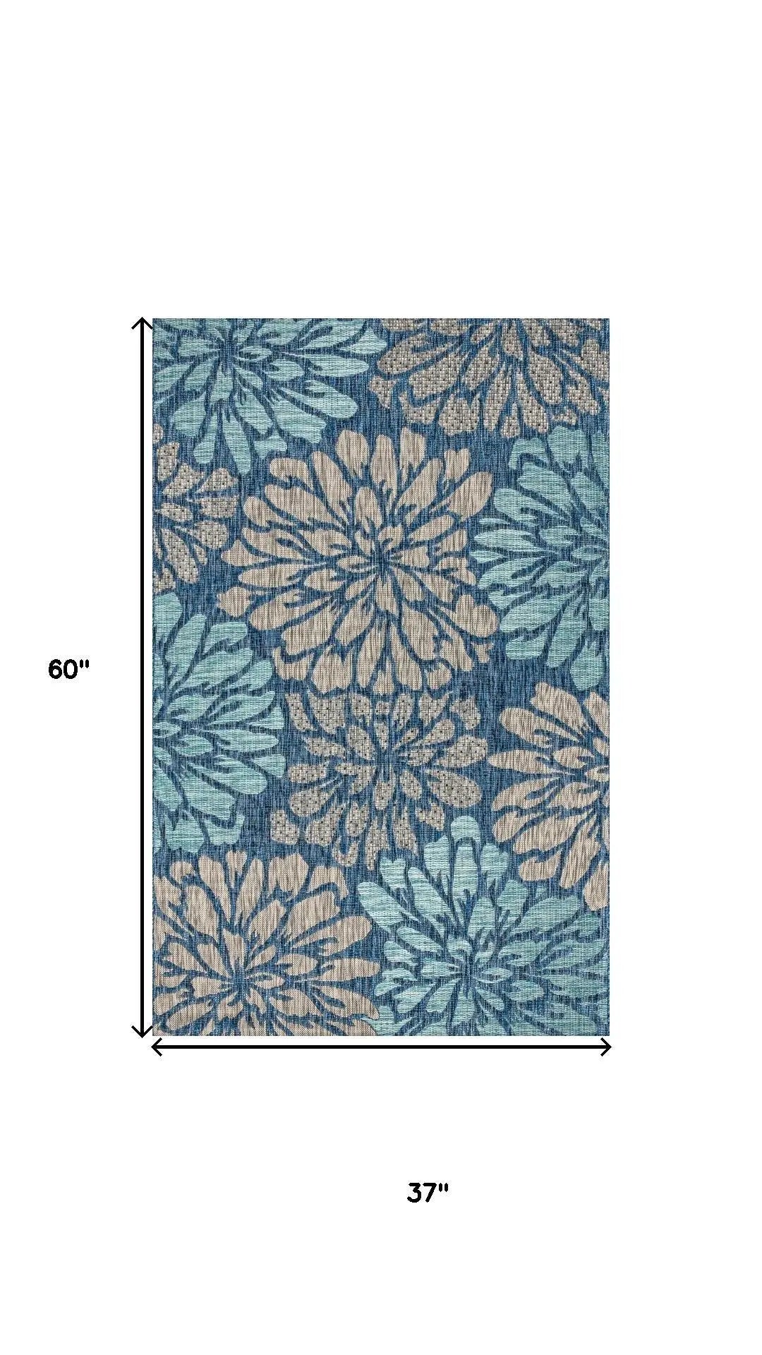 3' X 5' Navy Blue And Aqua Floral Indoor Outdoor Area Rug Homeroots Outdoor
