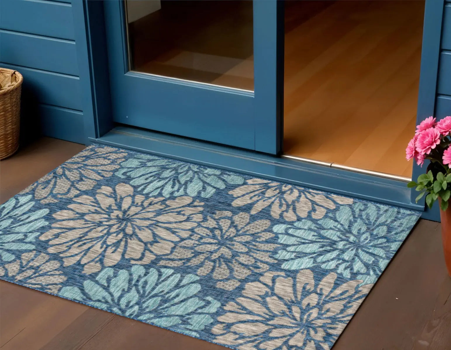 3' X 5' Navy Blue And Aqua Floral Indoor Outdoor Area Rug Homeroots Outdoor